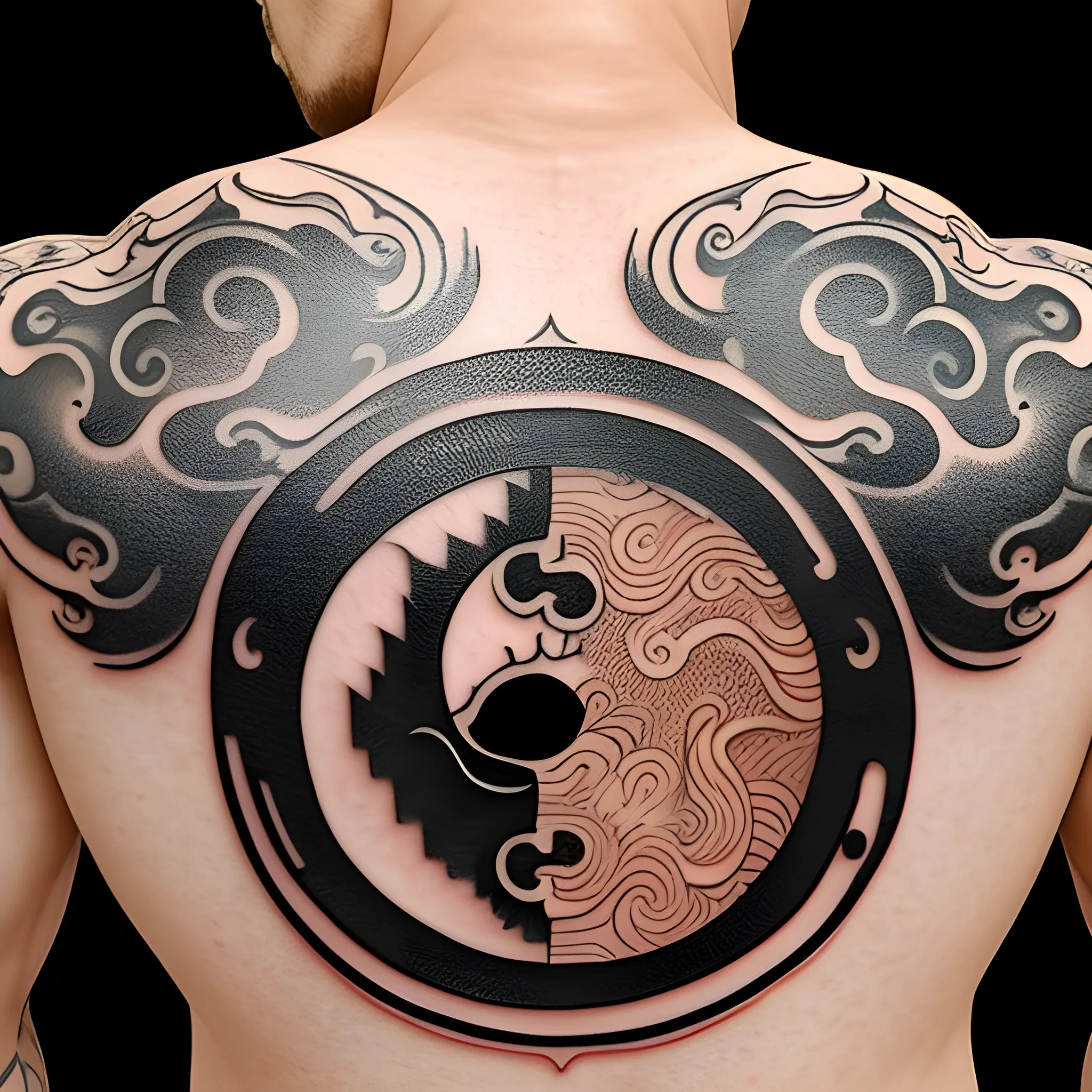 Medium tattoo on a man's back of fire and water intertwining like yin and yang, in a Chinese style, but only fire and water are present