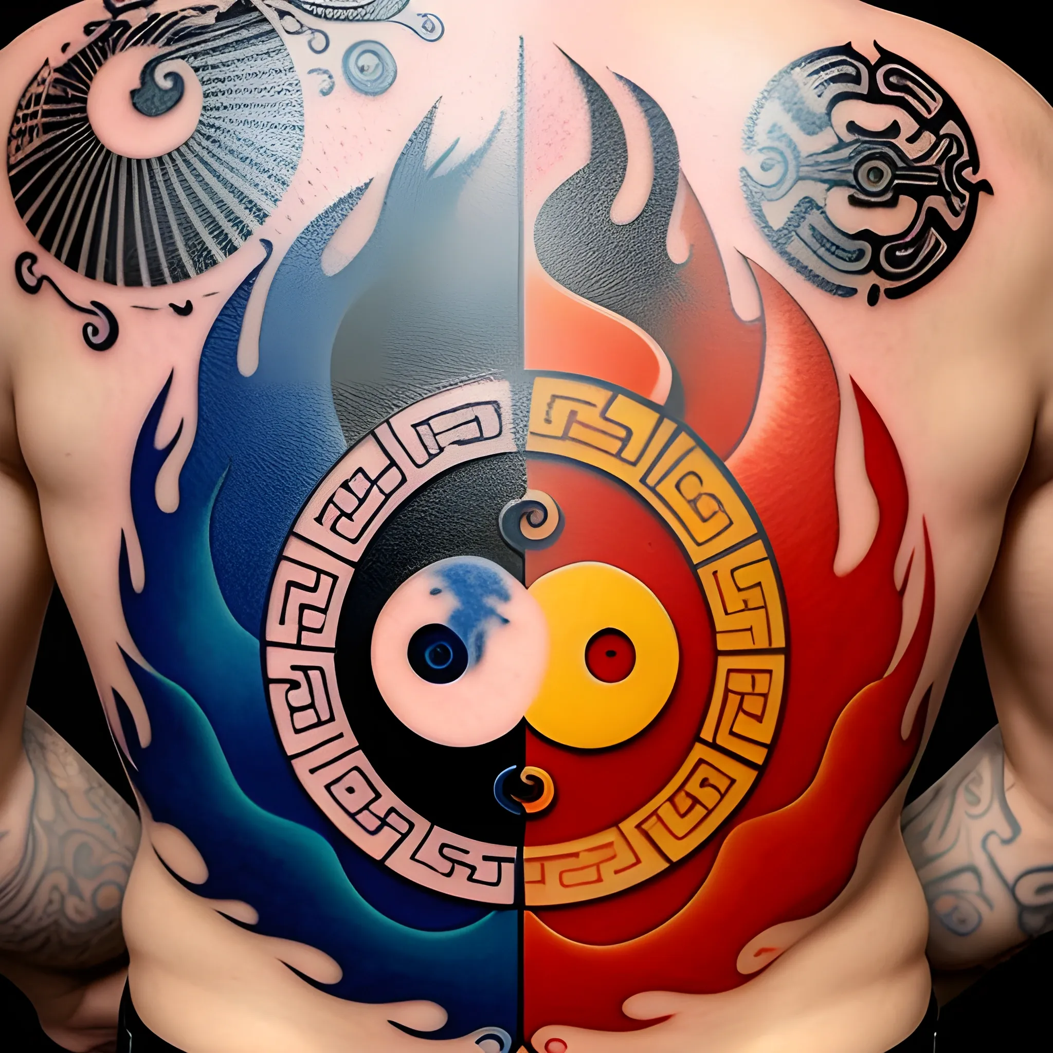 Medium tattoo on a man's back of fire and water intertwining like yin and yang, in a Chinese style full of colors, but only fire and water are present