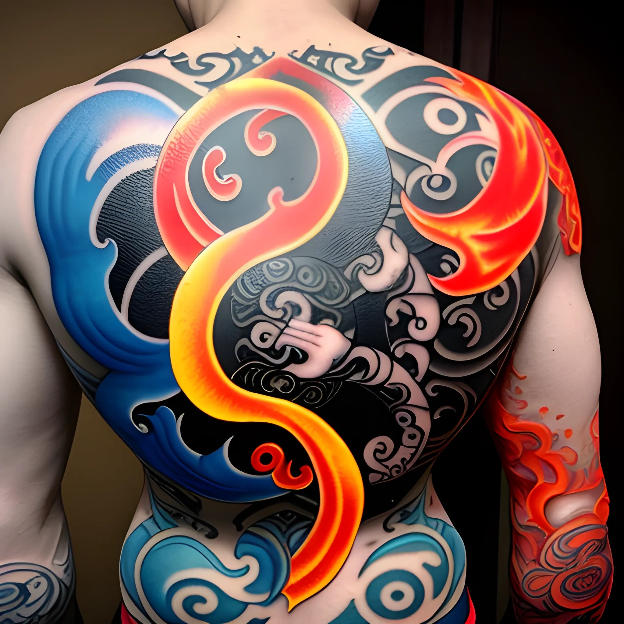 Medium tattoo on a man's back of fire and water intertwining like yin and yang, in a Chinese style full of colors, but only fire and water are present