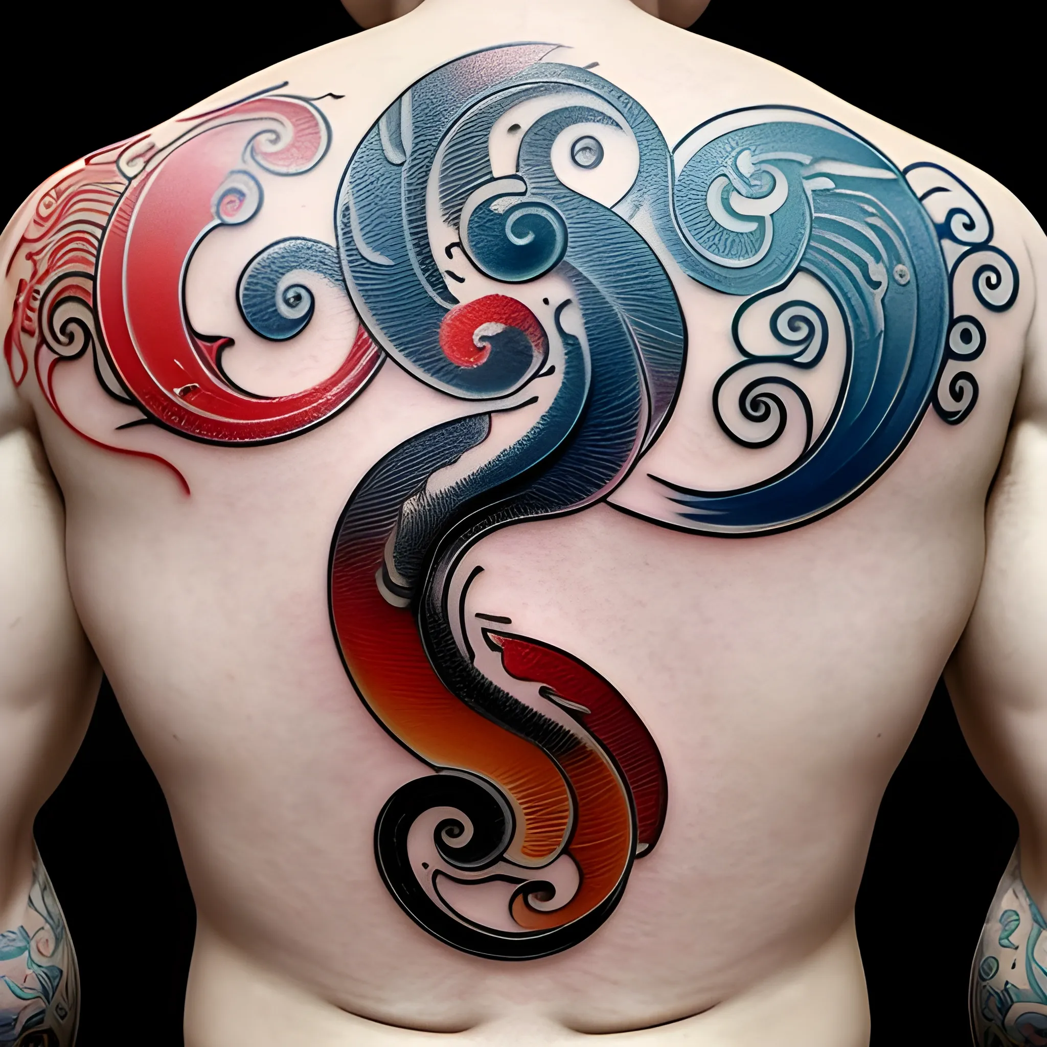 Medium tattoo on a man's back of fire and water intertwining like yin and yang, in a Chinese style full of colors, but only fire and water are present