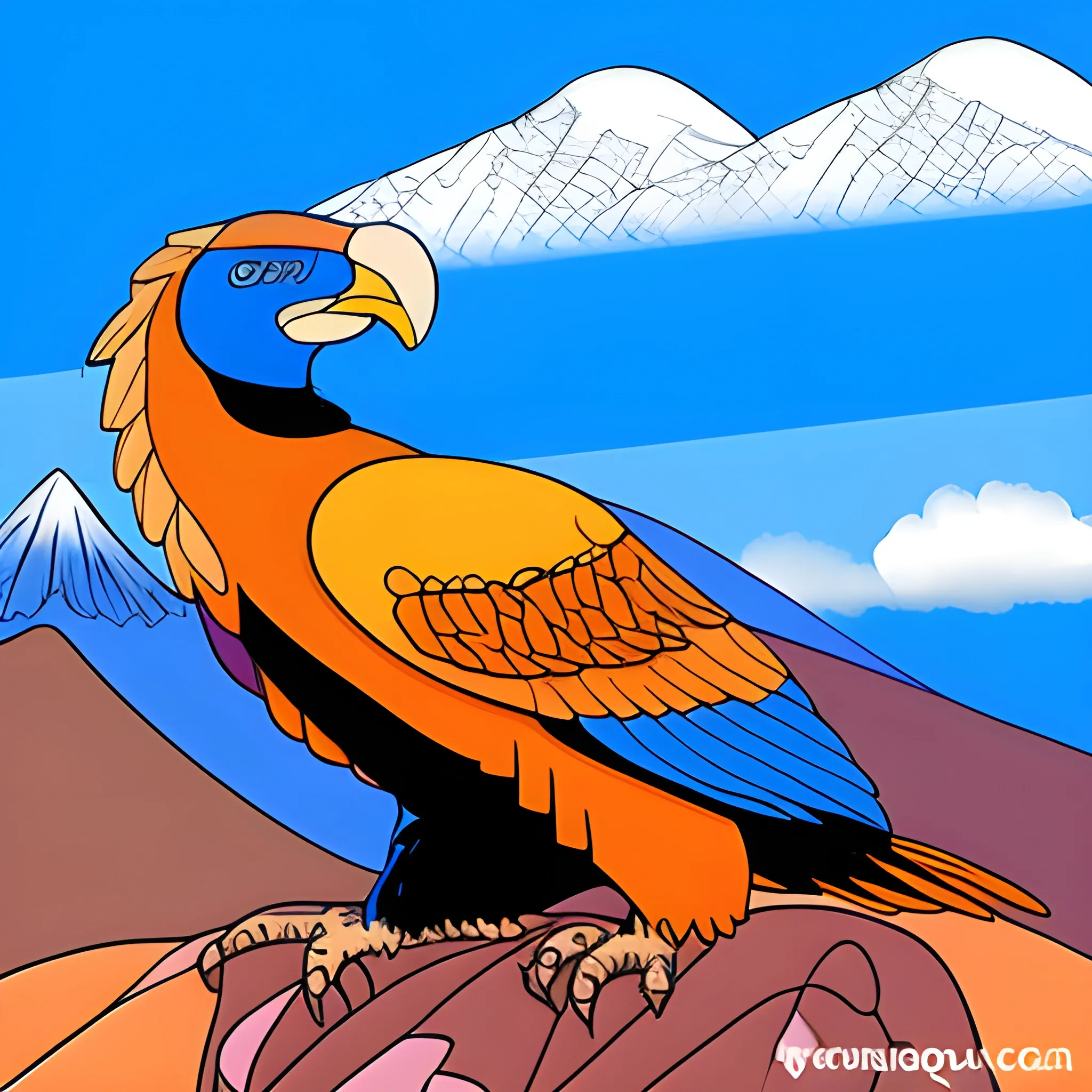 crea unas montañas del los andes  y un condor junto con una brujula 
que destaquen el color azul y naranja , Cartoon