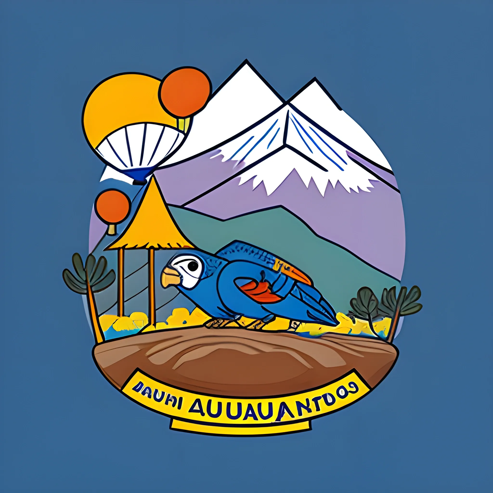 crea una camiseta de color azul con unas montañas del los andes  y un condor junto con una brujula, Cartoon