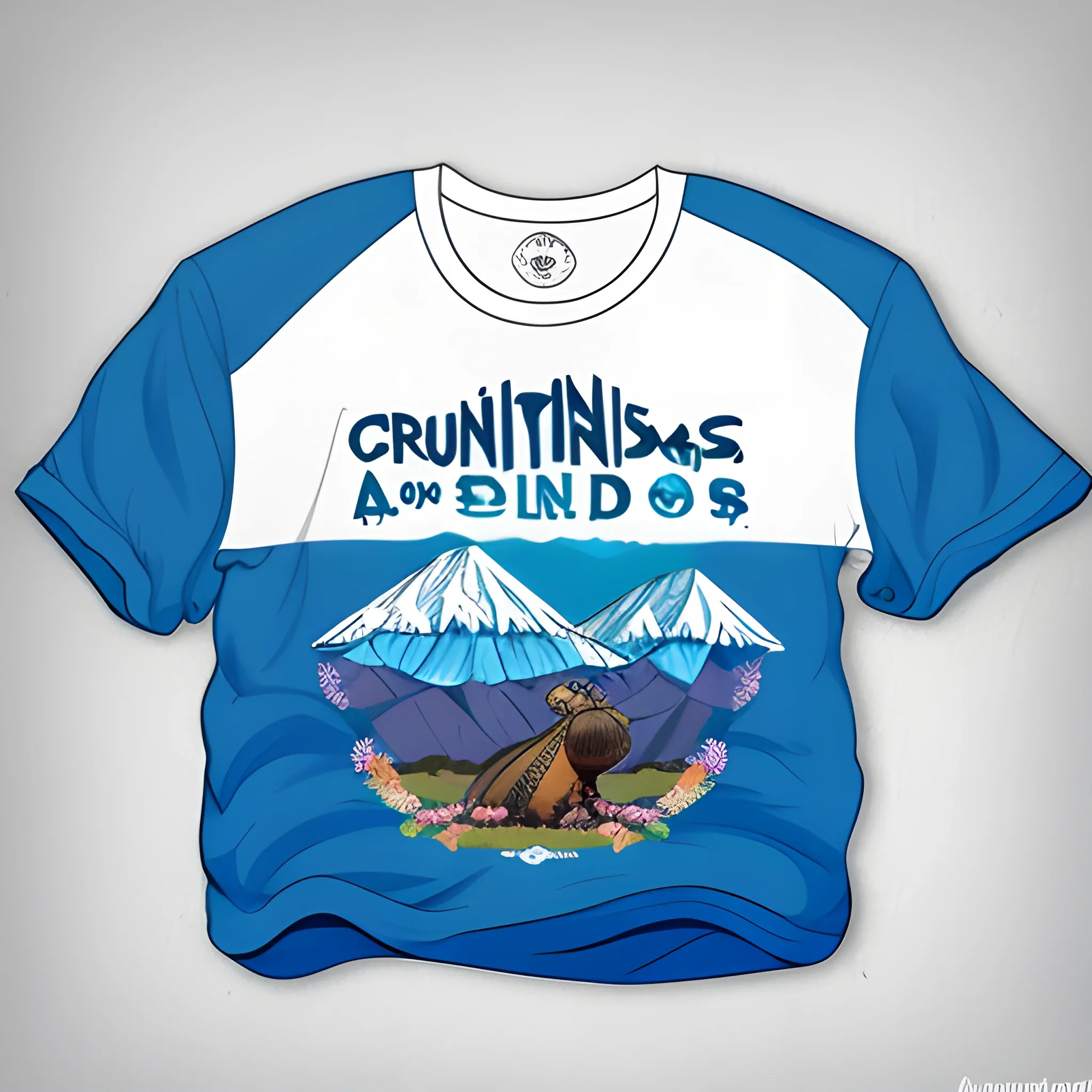 crea una camiseta de color azul con unas montañas del los andes  y un condor junto con una brujula, Cartoon