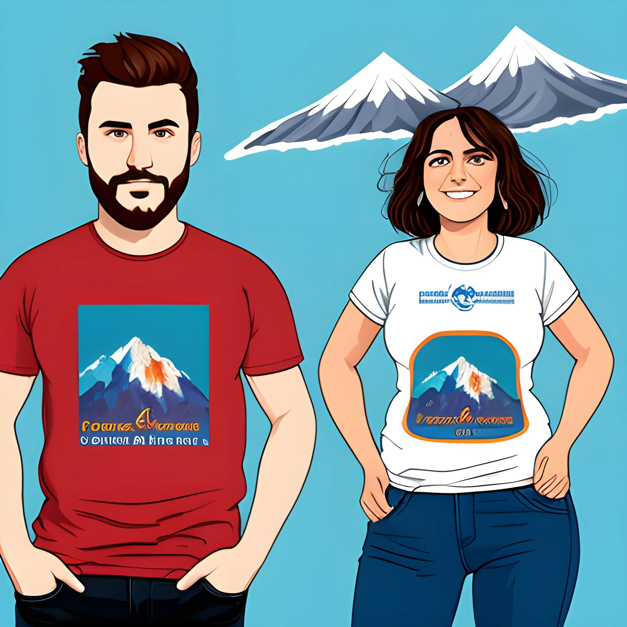 crea una camiseta de color azul con unas montañas del los andes  y un condor junto con una brujula, Cartoon