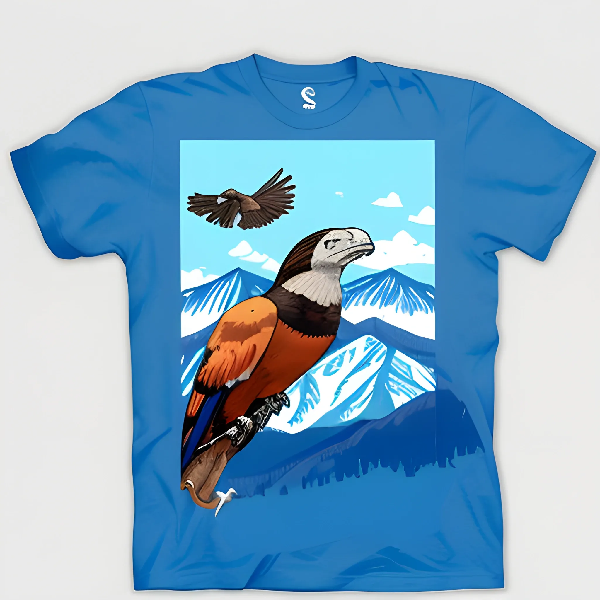 crea una camiseta de color azul con unas montañas del los andes  y un condor junto con una brujula, Cartoon