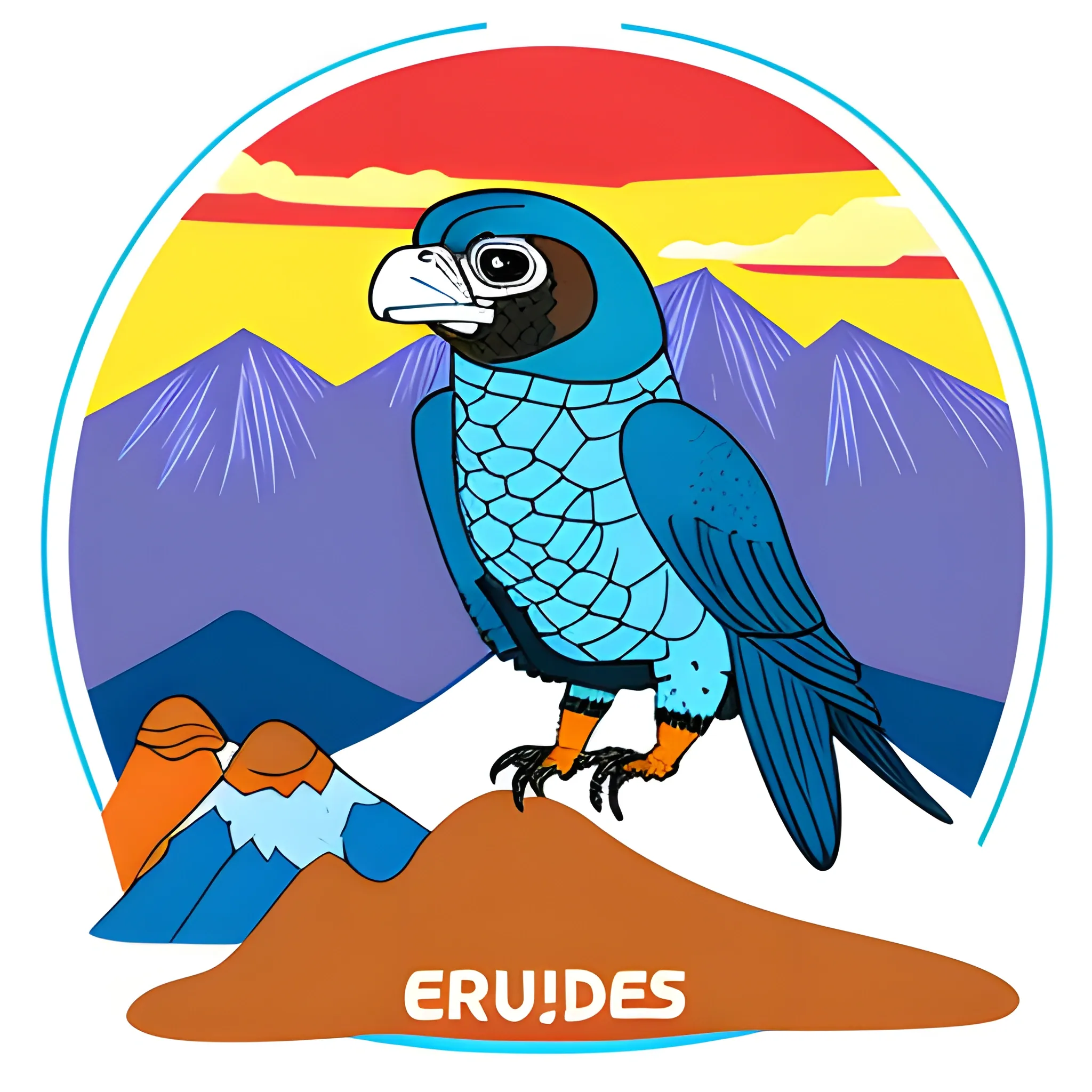 crea una camiseta de color azul con unas montañas del los andes  y un condor junto con una brujula, Cartoon