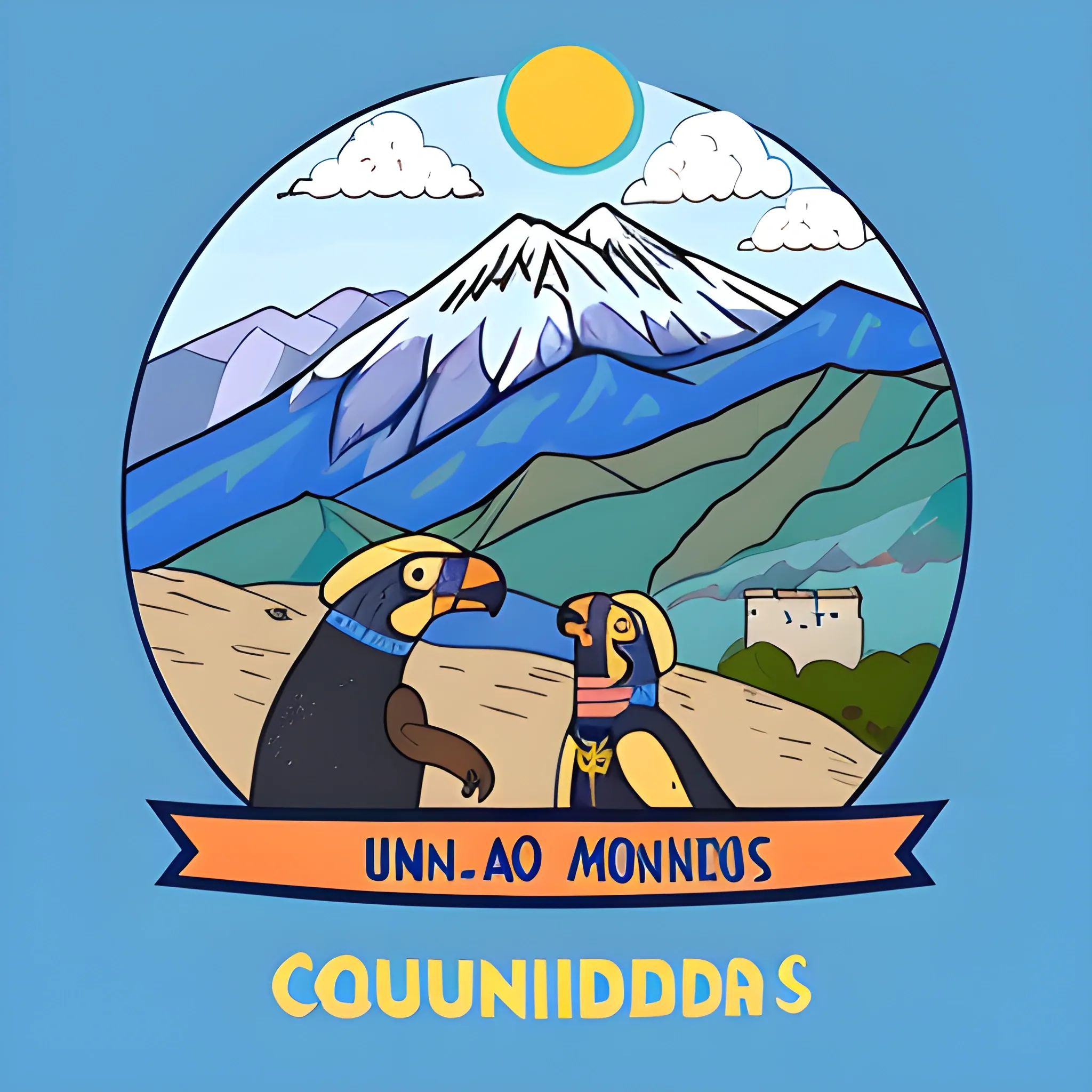 crea una camiseta de color azul con unas montañas del los andes  y un condor junto con una brujula, Cartoon