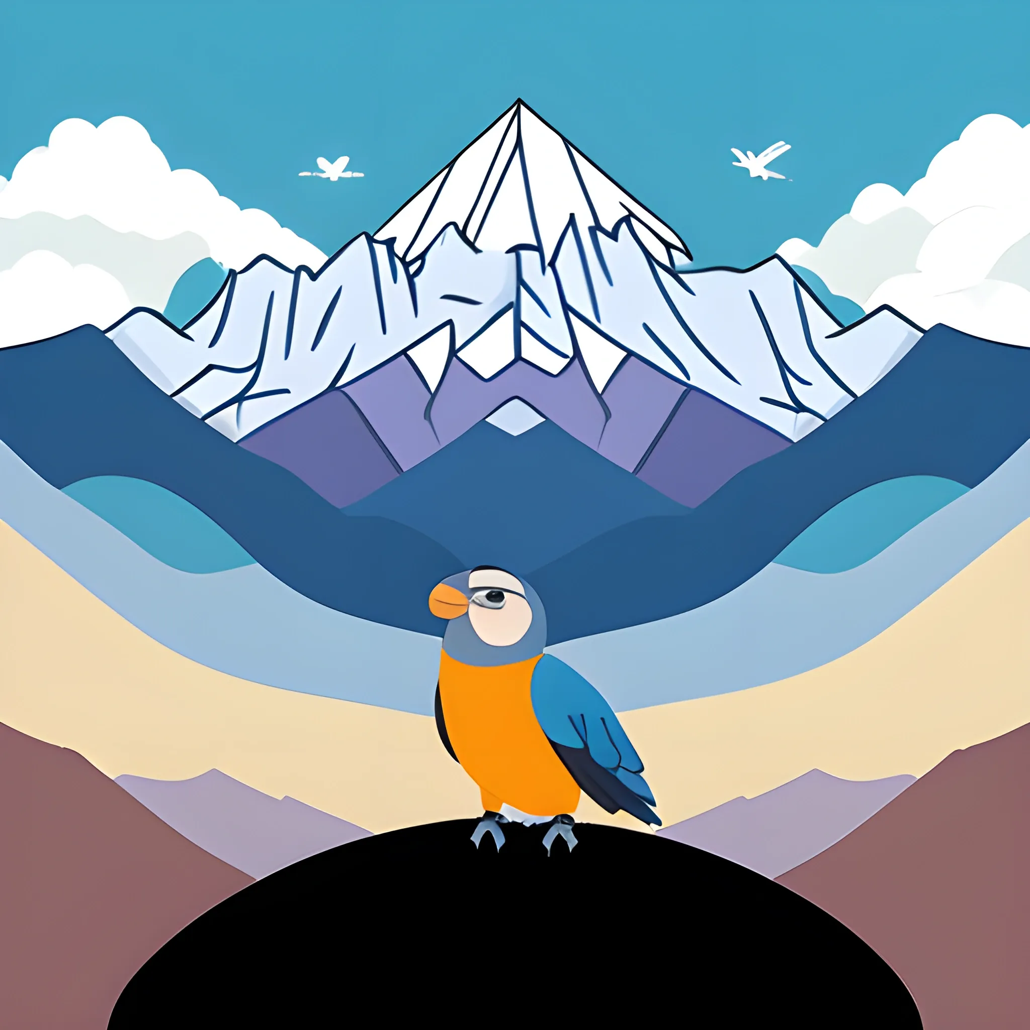 crea una camiseta de color azul con la cordillera de los andes  y un condor junto con una brujula al fondo de una ciudad, Cartoon