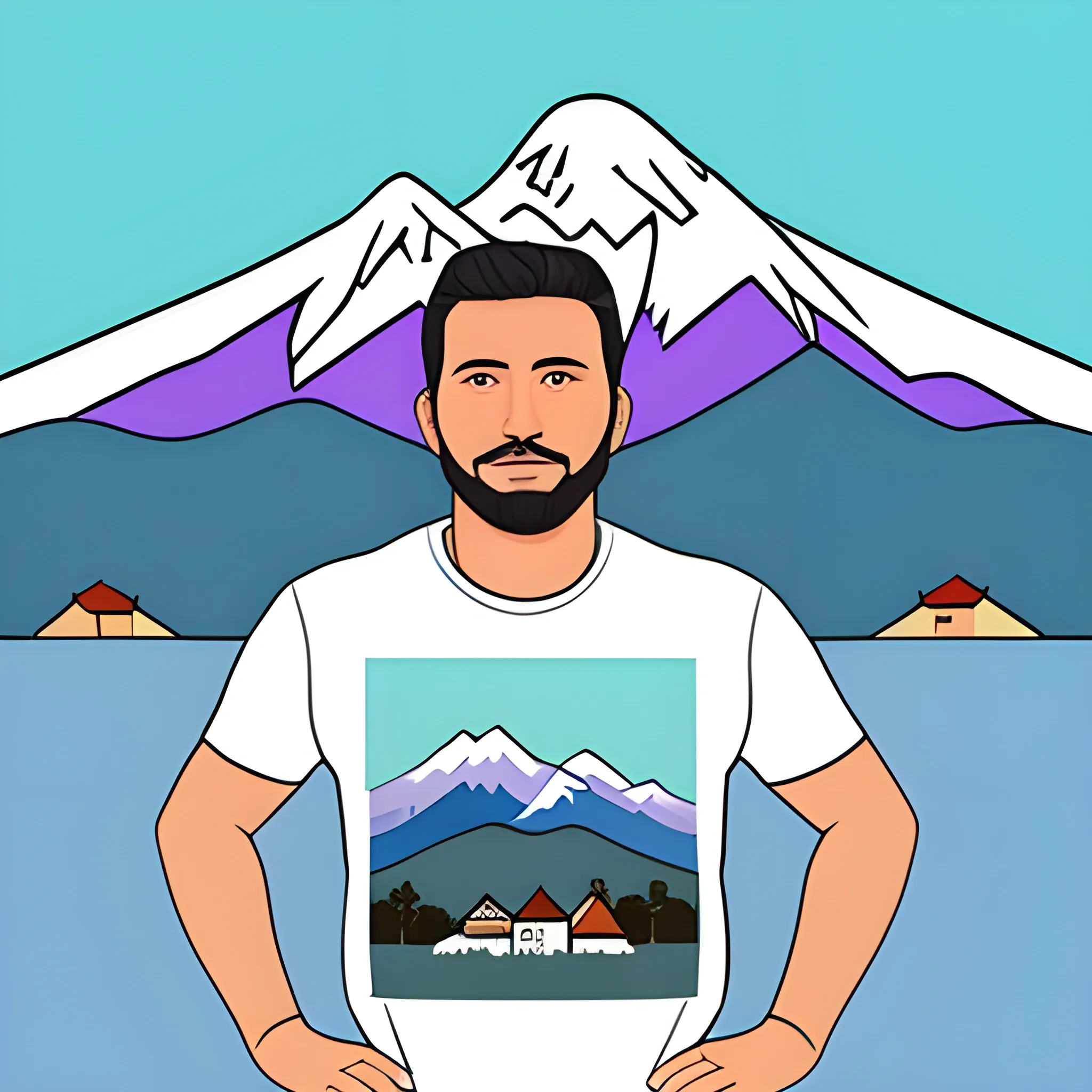 crea una camiseta de color azul con la cordillera de los andes  y un condor junto con una brujula al fondo de una ciudad, Cartoon