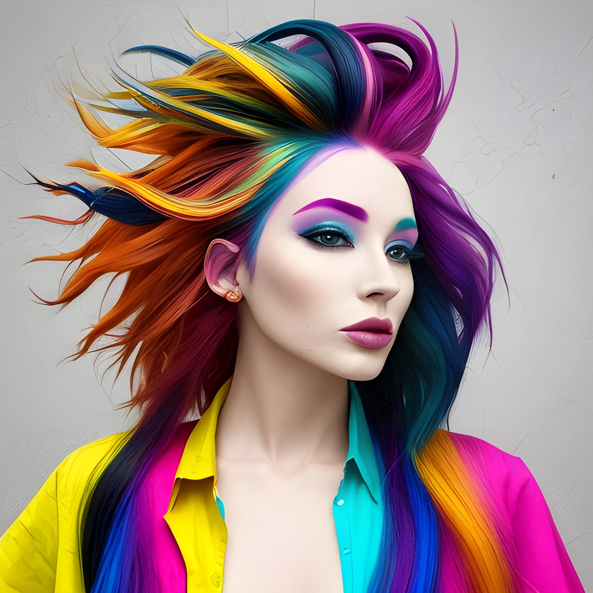 the woman is wearing multicolored hair, vibrant color scheme