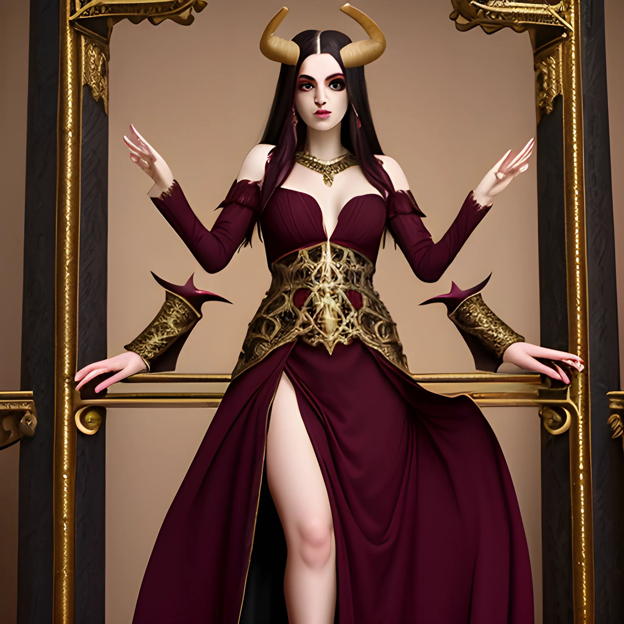 fantasy, evil sorceress, maroon dress with gold accents and high slits, dark hair, goat horns