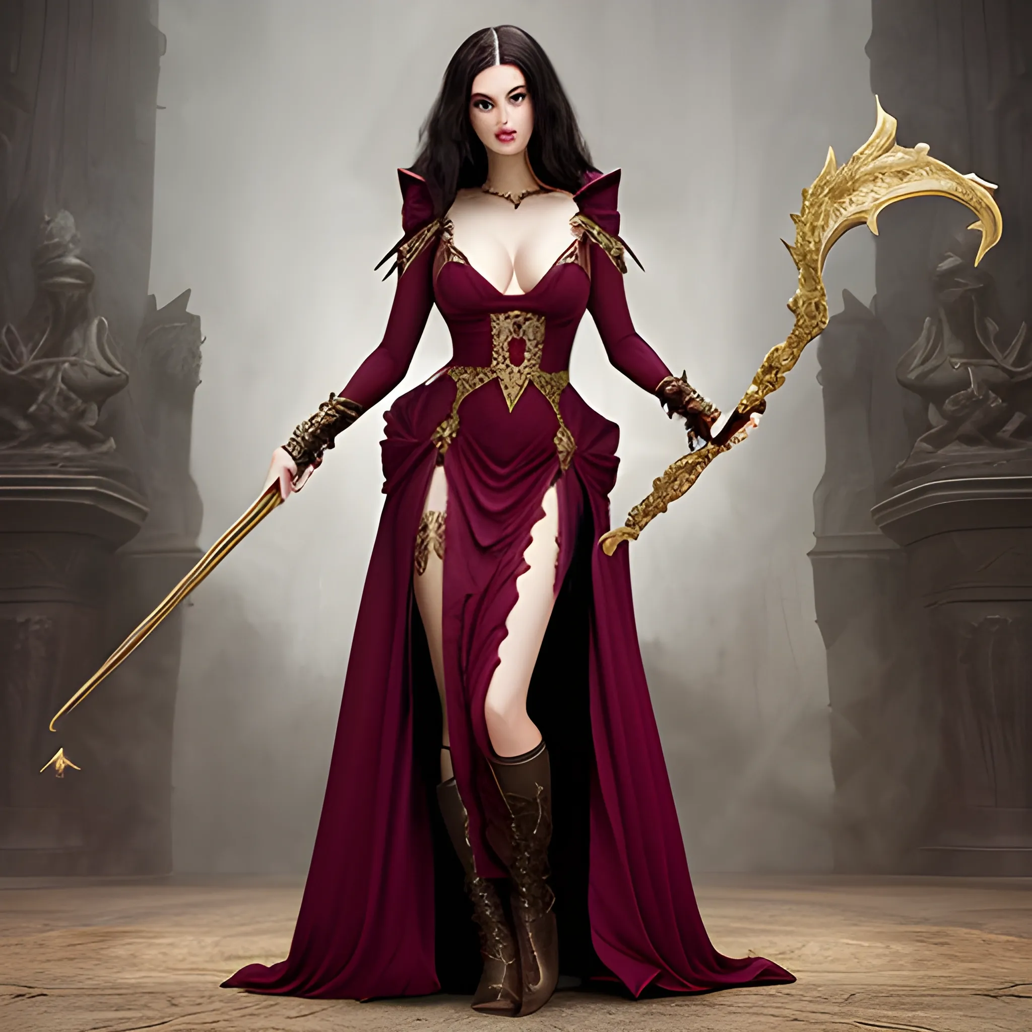fantasy, evil sorceress, sexy maroon dress with gold accents and high slits, dark hair, holding staff