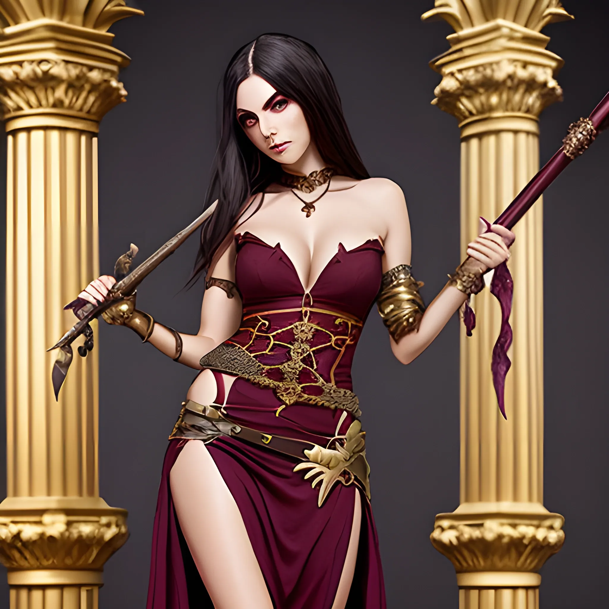 fantasy, evil sorceress, sexy skimpy low cut maroon dress with gold accents and high slits, dark hair, holding staff