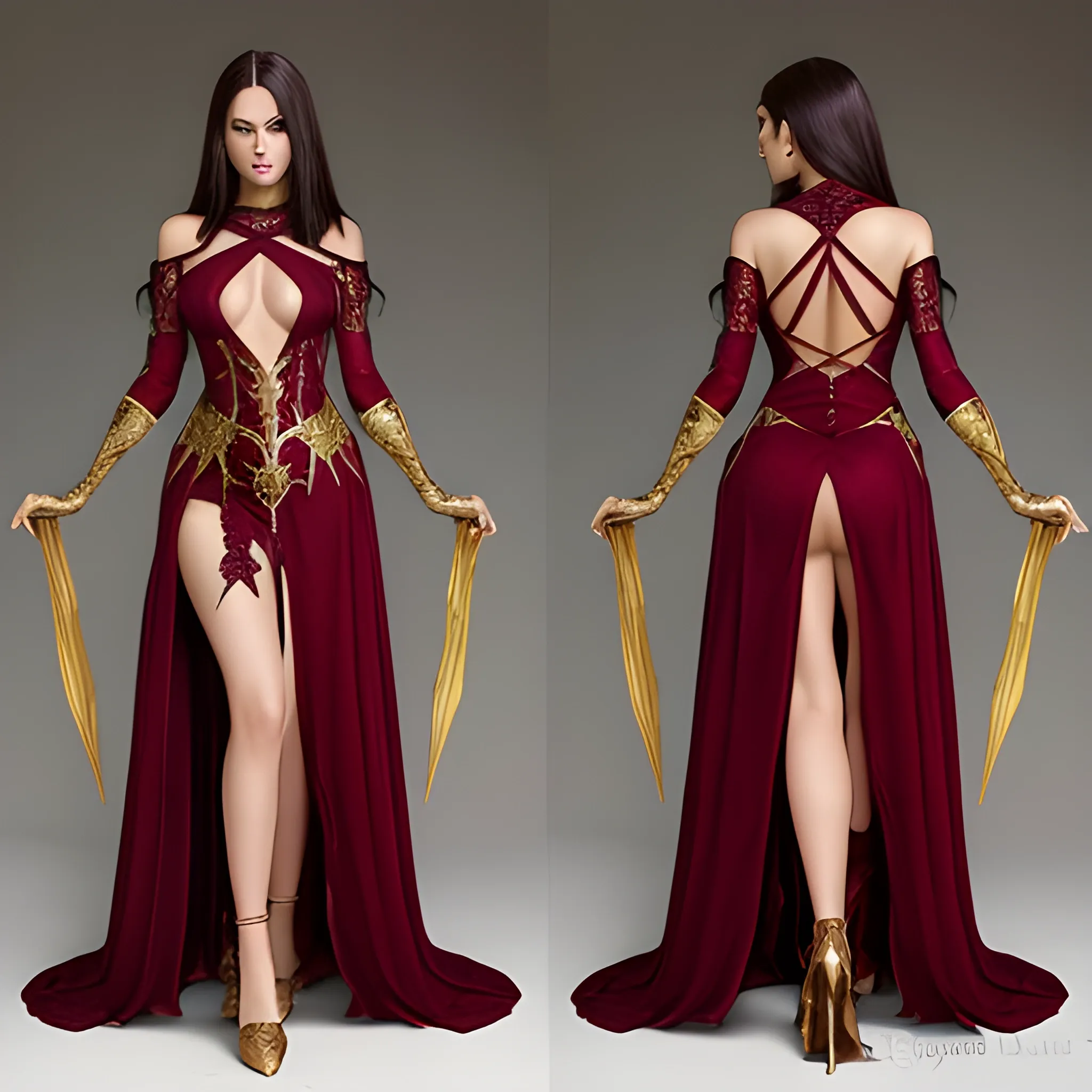 fantasy, evil sorceress, sexy skimpy long sleeved low cut maroon dress with gold accents and high slits, dark hair
