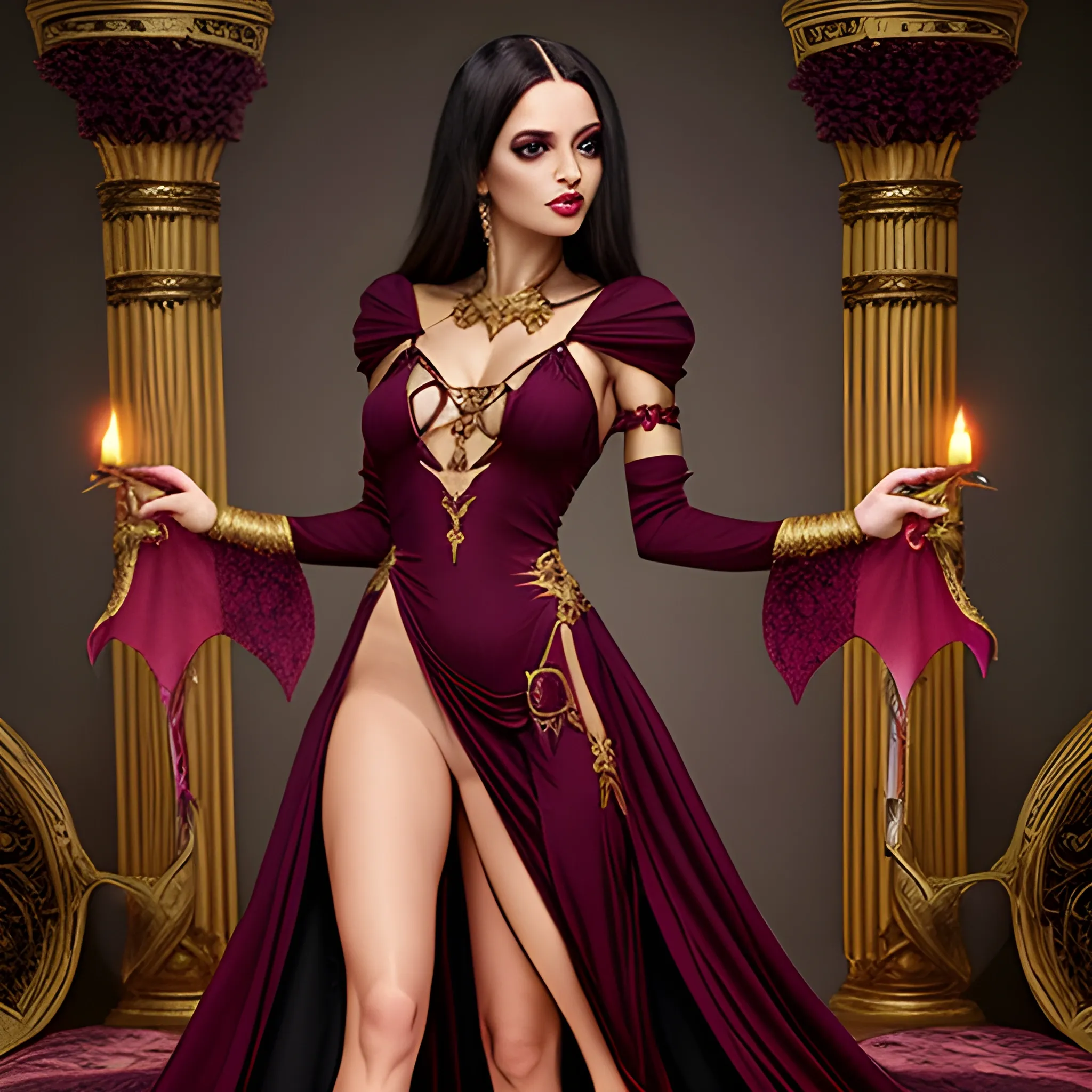 fantasy, evil sorceress, sexy skimpy long sleeved low cut maroon dress with gold accents and high side slits, dark hair
