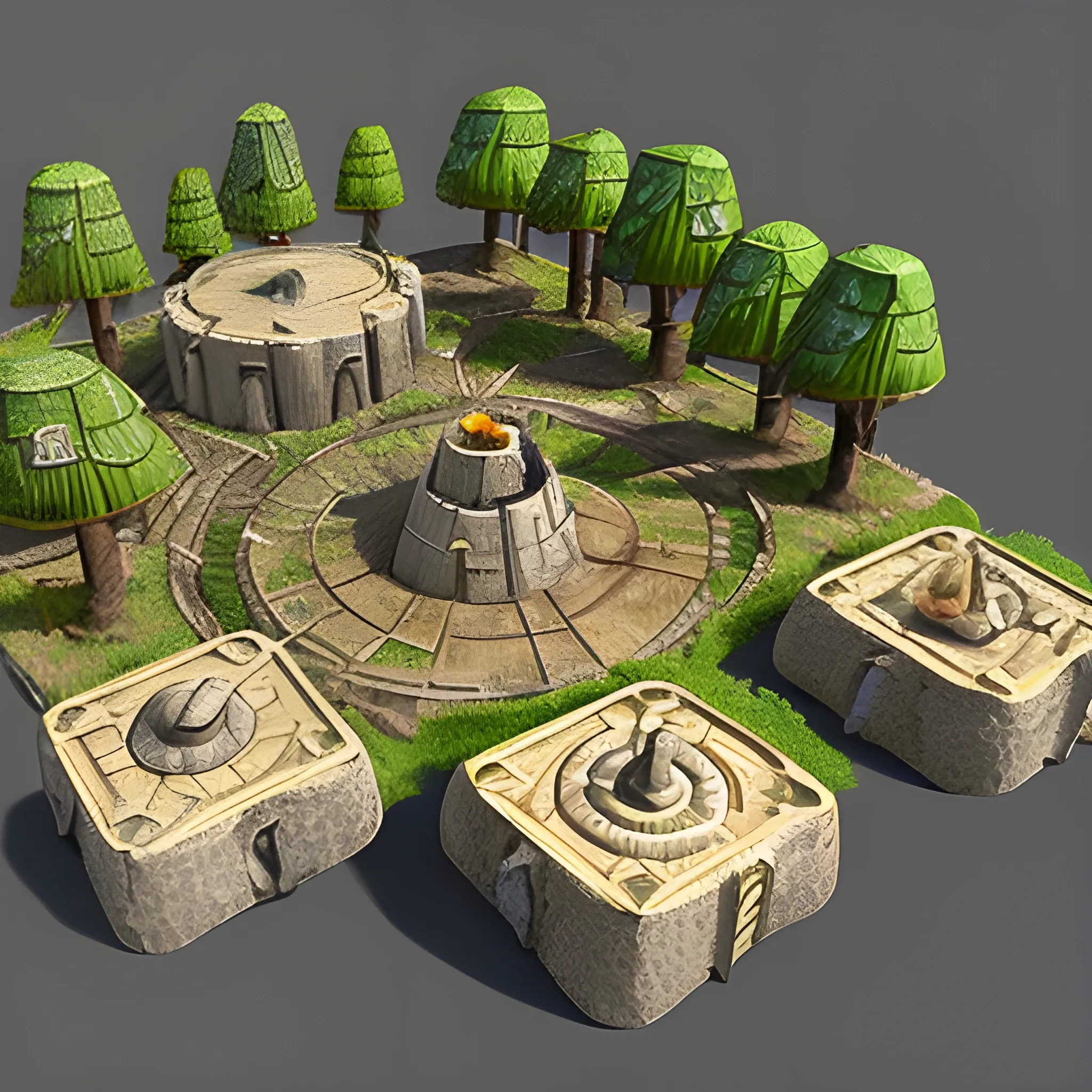 Asset isométrico de un juego de estrategia militar medieval. Piezas de construcción de bosque. Vista isométrica.

