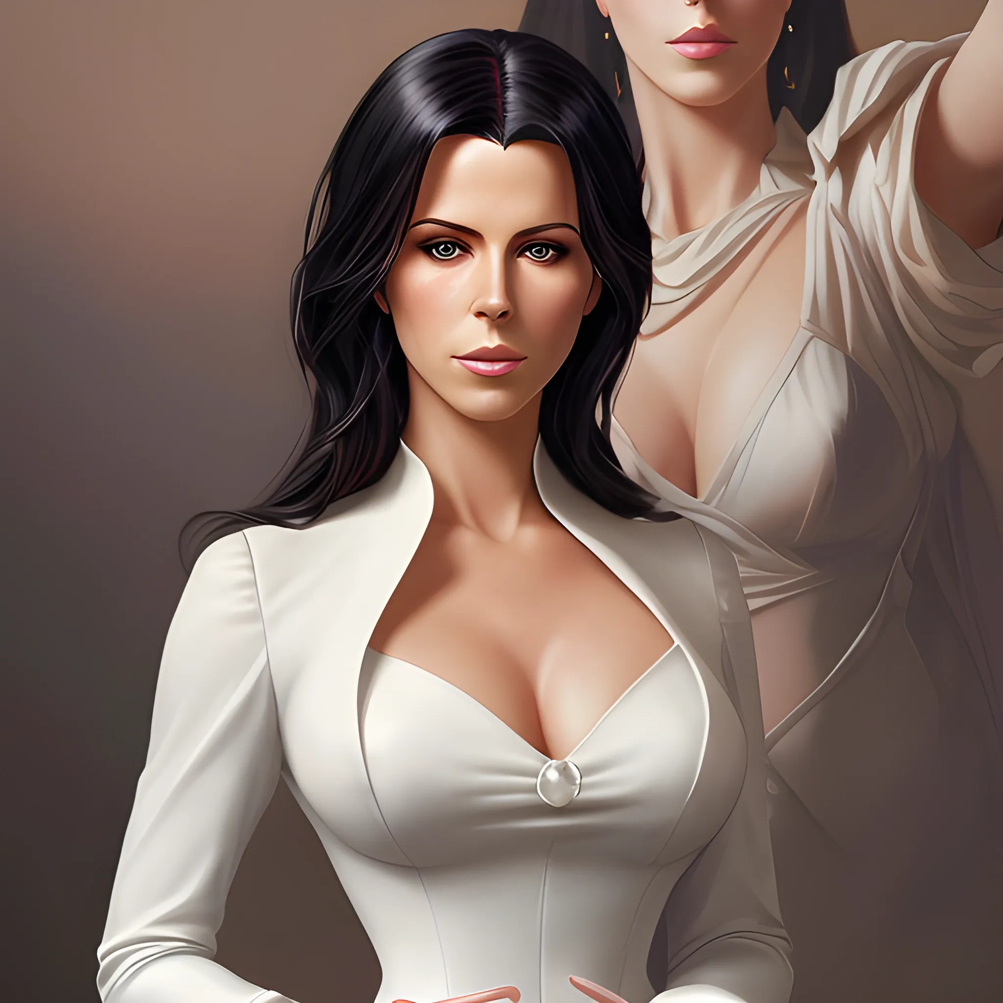 Full-length portrait photograph of a woman that brings together the most beautiful features of Kate Beckinsale and Katy Perry. A body. realistic details In lawyer clothes. Large eyes. Straight black hair. real photo Realism. deep details. Pearly eyes. Glowing look. High Definition. Spectacular lighting. 4K. Photo capture made with a Samsung S10 cell phone. Realism. high quality photo. many details Office style. super realistic, confident, bold, passionate, seductive, expressive, charismatic, intricate fashion clothing, highly detailed, sharp focus, illustration, 8K, art by artgerm and greg rutkowski and alphonse mucha