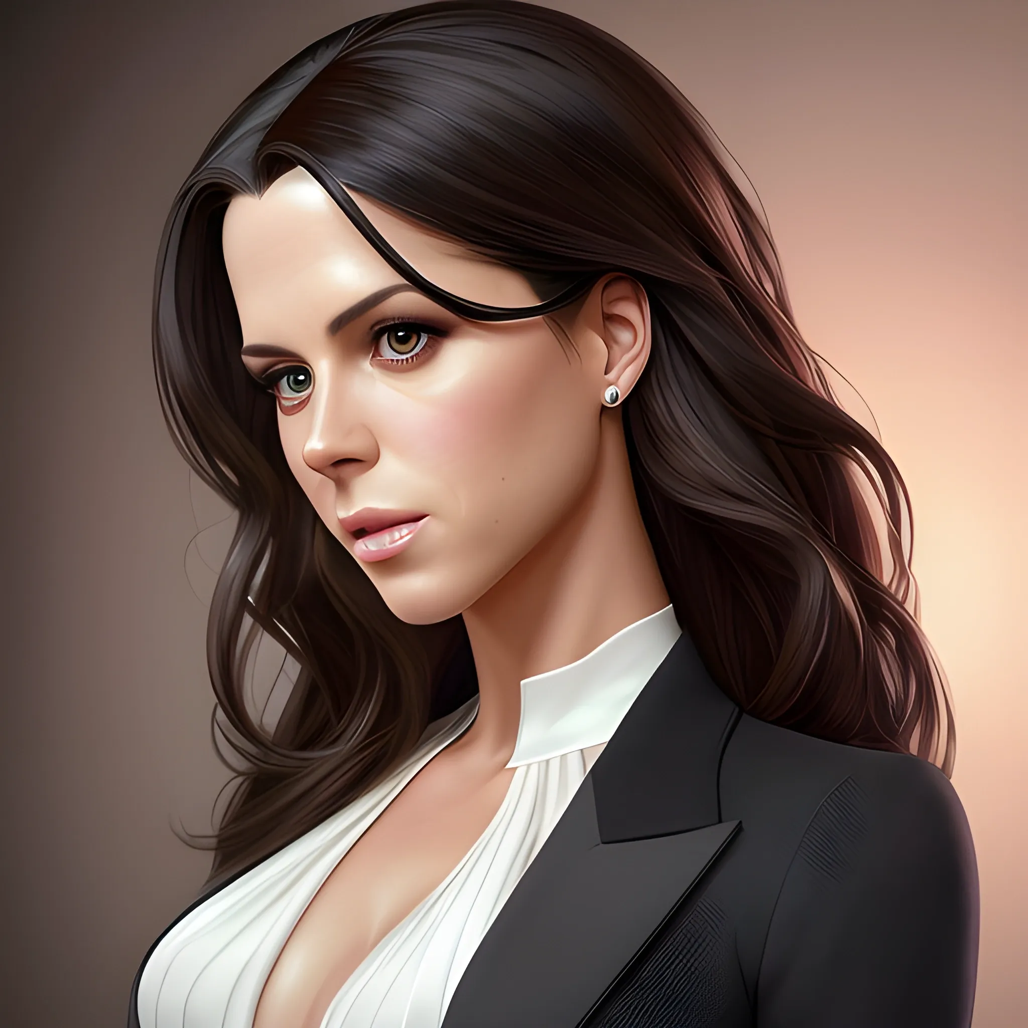 Full-length portrait photograph of a woman that brings together the most beautiful features of Kate Beckinsale and Katy Perry. A body. realistic details In lawyer clothes. Large eyes. Straight black hair. real photo Realism. deep details. Pearly eyes. Glowing look. High Definition. Spectacular lighting. 4K. Photo capture made with a Samsung S10 cell phone. Realism. high quality photo. many details Office style. super realistic, confident, bold, passionate, seductive, expressive, charismatic, intricate fashion clothing, highly detailed, sharp focus, illustration, 8K, art by artgerm and greg rutkowski and alphonse mucha