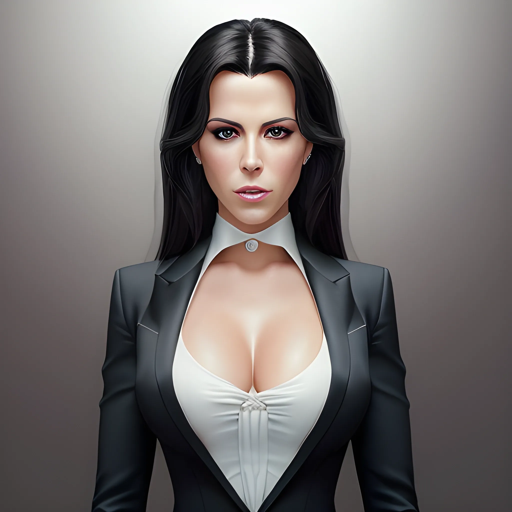 Full-length portrait photograph of a woman that brings together the most beautiful features of Kate Beckinsale and Katy Perry. A body. realistic details In lawyer clothes. Large eyes. Straight black hair. real photo Realism. deep details. Pearly eyes. Glowing look. High Definition. Spectacular lighting. 4K. Photo capture made with a Samsung S10 cell phone. Realism. high quality photo. many details Office style. super realistic, confident, bold, passionate, seductive, expressive, charismatic, intricate fashion clothing, highly detailed, sharp focus, illustration, 8K, art by artgerm and greg rutkowski and alphonse. realistic photo