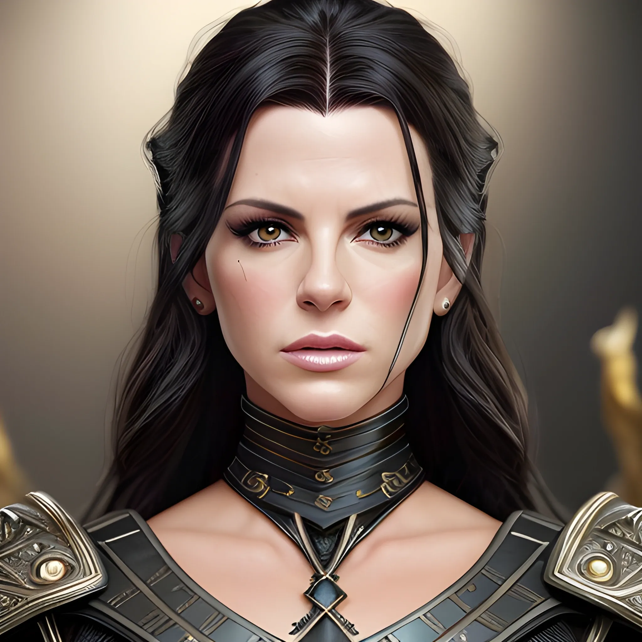 Full-length portrait photograph of a warrior woman that brings together the most beautiful features of Kate Beckinsale and Katy Perry. A body. realistic details In lawyer clothes. Large eyes. Straight black hair. real photo Realism. deep details. Pearly eyes. Glowing look. High Definition. Spectacular lighting. 4K. Photo capture made with a Samsung S10 cell phone. Realism. high quality photo. many details Office style. super realistic, confident, bold, passionate, seductive, expressive, charismatic, intricate fashion clothing, highly detailed, sharp focus, illustration, 8K, art by artgerm and greg rutkowski and alphonse. realistic photo