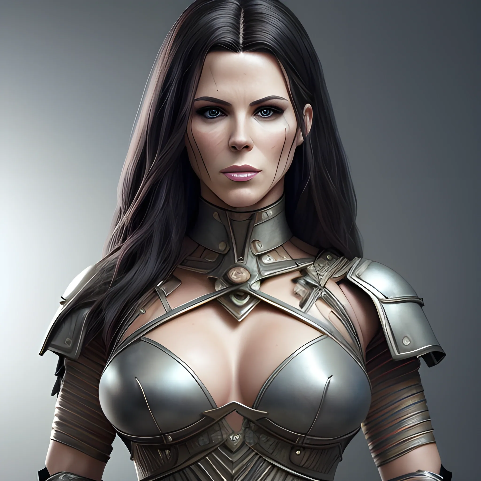 Full-length portrait photograph of a warrior woman that brings together the most beautiful features of Kate Beckinsale and Katy Perry. A body. realistic details In lawyer clothes. Large eyes. Straight black hair. real photo Realism. deep details. Pearly eyes. Glowing look. High Definition. Spectacular lighting. 4K. Photo capture made with a Samsung S10 cell phone. Realism. high quality photo. many details Office style. super realistic, confident, bold, passionate, seductive, expressive, charismatic, intricate fashion clothing, highly detailed, sharp focus, illustration, 8K, art by artgerm and greg rutkowski and alphonse. realistic photo