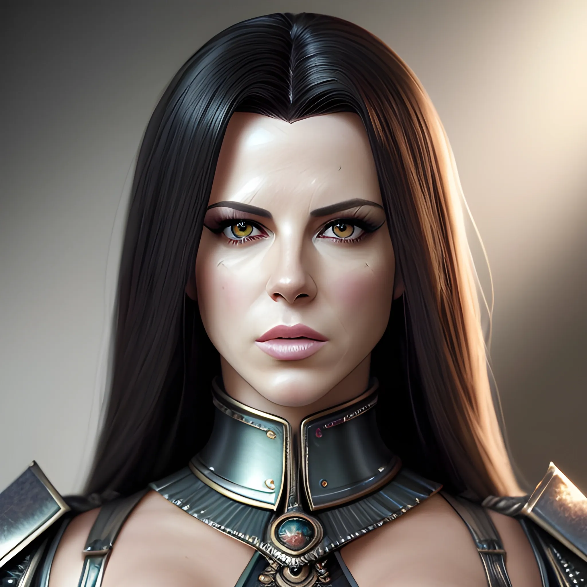 Full-length portrait photograph of a warrior woman that brings together the most beautiful features of Kate Beckinsale and Katy Perry. A body. realistic details In lawyer clothes. Large eyes. Straight black hair. real photo Realism. deep details. Pearly eyes. Glowing look. High Definition. Spectacular lighting. 4K. Photo capture made with a Samsung S10 cell phone. Realism. high quality photo. many details Office style. super realistic, confident, bold, passionate, seductive, expressive, charismatic, intricate fashion clothing, highly detailed, sharp focus, illustration, 8K, art by artgerm and greg rutkowski and alphonse. realistic photo