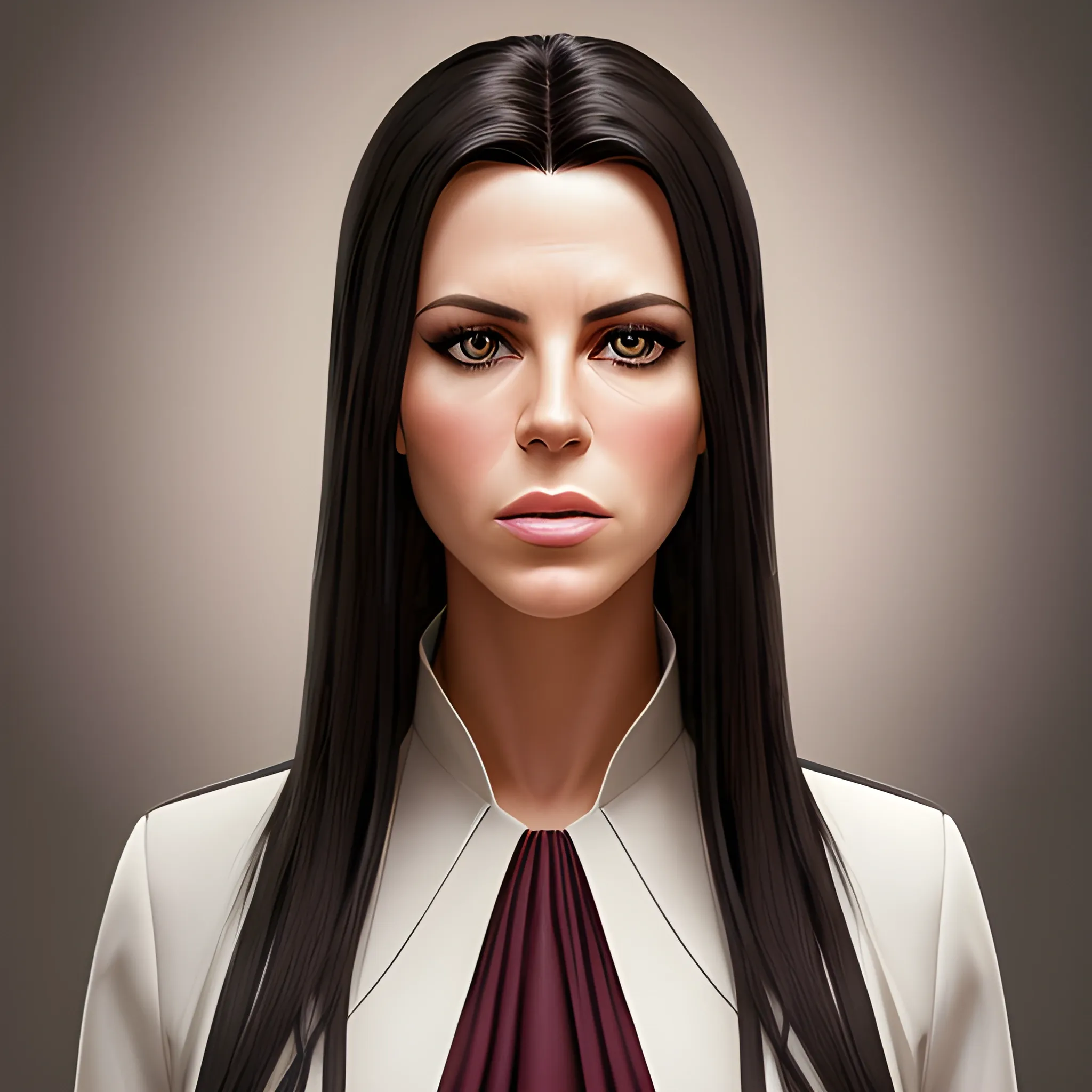 Full-length portrait photograph of a chief woman that brings together the most beautiful features of Kate Beckinsale and Katy Perry. A body. realistic details In lawyer clothes. Large eyes. Straight black hair. real photo Realism. deep details. Pearly eyes. Glowing look. High Definition. Spectacular lighting. 4K. Photo capture made with a Samsung S10 cell phone. Realism. high quality photo. many details Office style. super realistic, confident, bold, passionate, seductive, expressive, charismatic, intricate fashion clothing, highly detailed, sharp focus, illustration, 8K, art by artgerm and greg rutkowski and alphonse. realistic photo