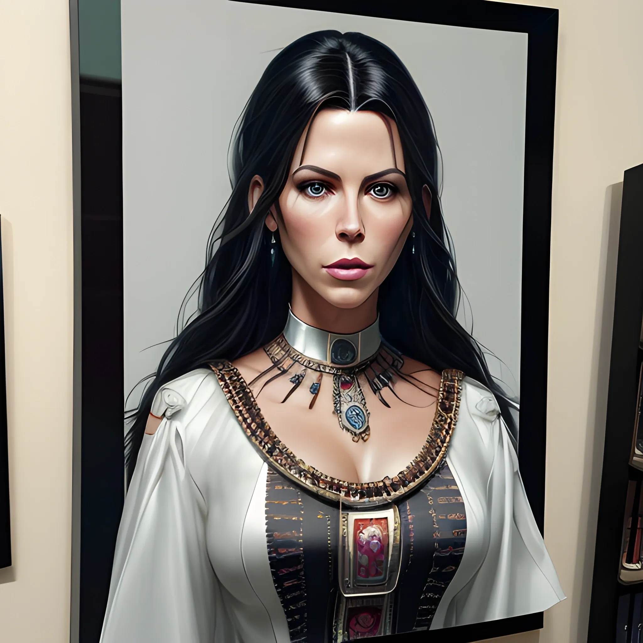 Full-length portrait photograph of a chief woman that brings together the most beautiful features of Kate Beckinsale and Katy Perry. A body. realistic details In lawyer clothes. Large eyes. Straight black hair. real photo Realism. deep details. Pearly eyes. Glowing look. High Definition. Spectacular lighting. 4K. Photo capture made with a Samsung S10 cell phone. Realism. high quality photo. many details Office style. super realistic, confident, bold, passionate, seductive, expressive, charismatic, intricate fashion clothing, highly detailed, sharp focus, illustration, 8K, art by artgerm and greg rutkowski and alphonse. realistic photo