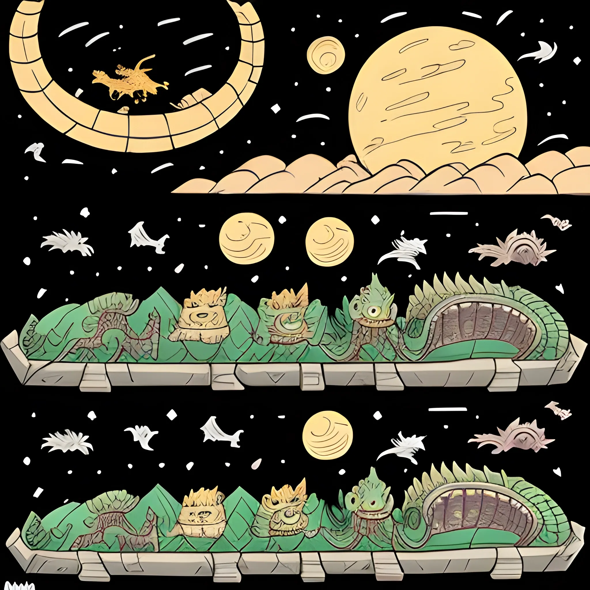 There are nine dragons in the universe pulling a sarcophagus toward Earth ,  Cartoon