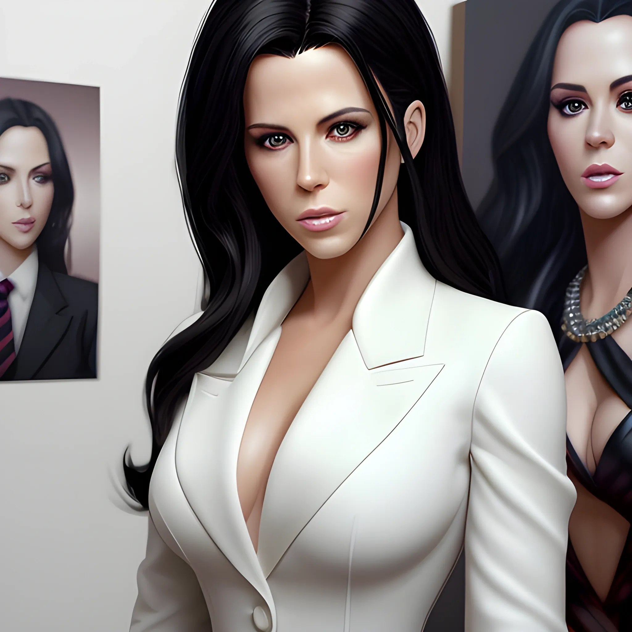 Full-length portrait photograph of a popstar woman that brings together the most beautiful features of Kate Beckinsale and Katy Perry. A body. realistic details In lawyer clothes. Large eyes. Straight black hair. real photo Realism. deep details. Pearly eyes. Glowing look. High Definition. Spectacular lighting. 4K. Photo capture made with a Samsung S10 cell phone. Realism. high quality photo. many details Office style. super realistic, confident, bold, passionate, seductive, expressive, charismatic, intricate fashion clothing, highly detailed, sharp focus, illustration, 8K, art by artgerm and greg rutkowski and alphonse. realistic photo