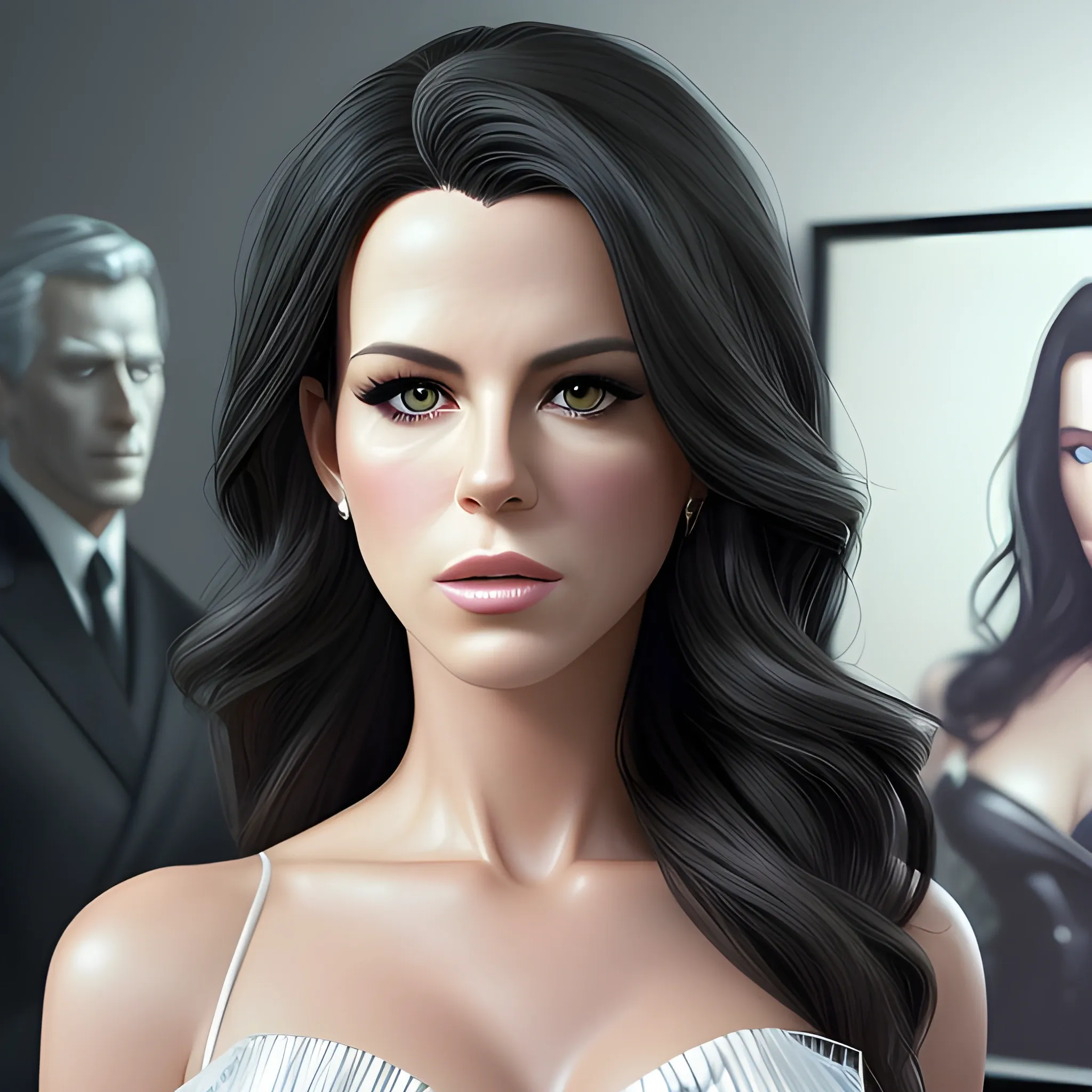 Full-length portrait photograph of a top model woman that brings together the most beautiful features of Kate Beckinsale and Katy Perry. A body. realistic details In lawyer clothes. Large eyes. Straight black hair. real photo Realism. deep details. Pearly eyes. Glowing look. High Definition. Spectacular lighting. 4K. Photo capture made with a Samsung S10 cell phone. Realism. high quality photo. many details Office style. super realistic, confident, bold, passionate, seductive, expressive, charismatic, intricate fashion clothing, highly detailed, sharp focus, illustration, 8K, art by artgerm and greg rutkowski and alphonse. realistic photo