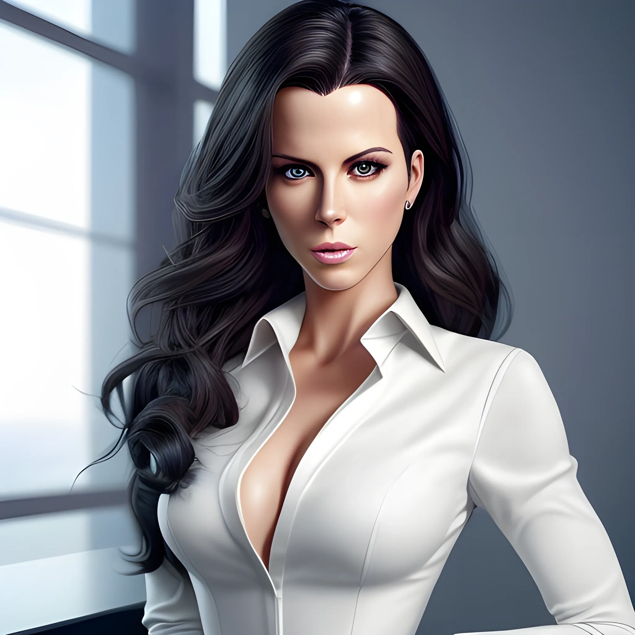 Full-length portrait photograph of a top model woman that brings together the most beautiful features of Kate Beckinsale and Katy Perry. A body. realistic details In lawyer clothes. Large eyes. Straight black hair. real photo Realism. deep details. Pearly eyes. Glowing look. High Definition. Spectacular lighting. 4K. Photo capture made with a Samsung S10 cell phone. Realism. high quality photo. many details Office style. super realistic, confident, bold, passionate, seductive, expressive, charismatic, intricate fashion clothing, highly detailed, sharp focus, illustration, 8K, art by artgerm and greg rutkowski and alphonse. realistic photo