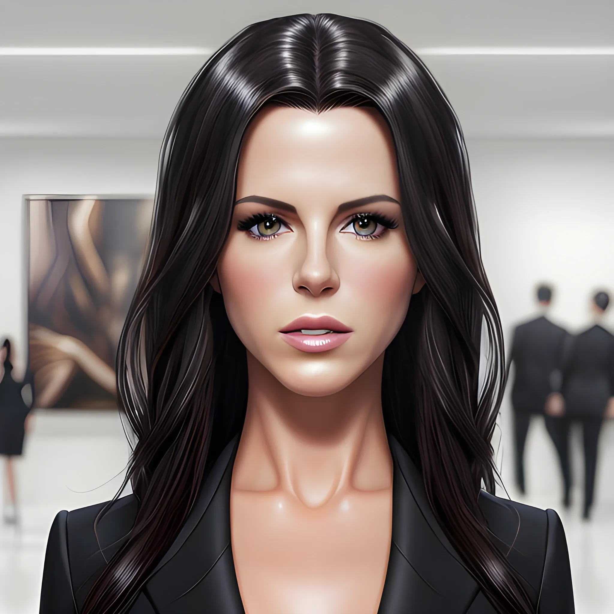 Full-length portrait photograph of a top model woman that brings together the most beautiful features of Kate Beckinsale and Katy Perry. A body. realistic details In lawyer clothes. Large eyes. Straight black hair. real photo Realism. deep details. Pearly eyes. Glowing look. High Definition. Spectacular lighting. 4K. Photo capture made with a Samsung S10 cell phone. Realism. high quality photo. many details Office style. super realistic, confident, bold, passionate, seductive, expressive, charismatic, intricate fashion clothing, highly detailed, sharp focus, illustration, 8K, art by artgerm and greg rutkowski and alphonse. realistic photo