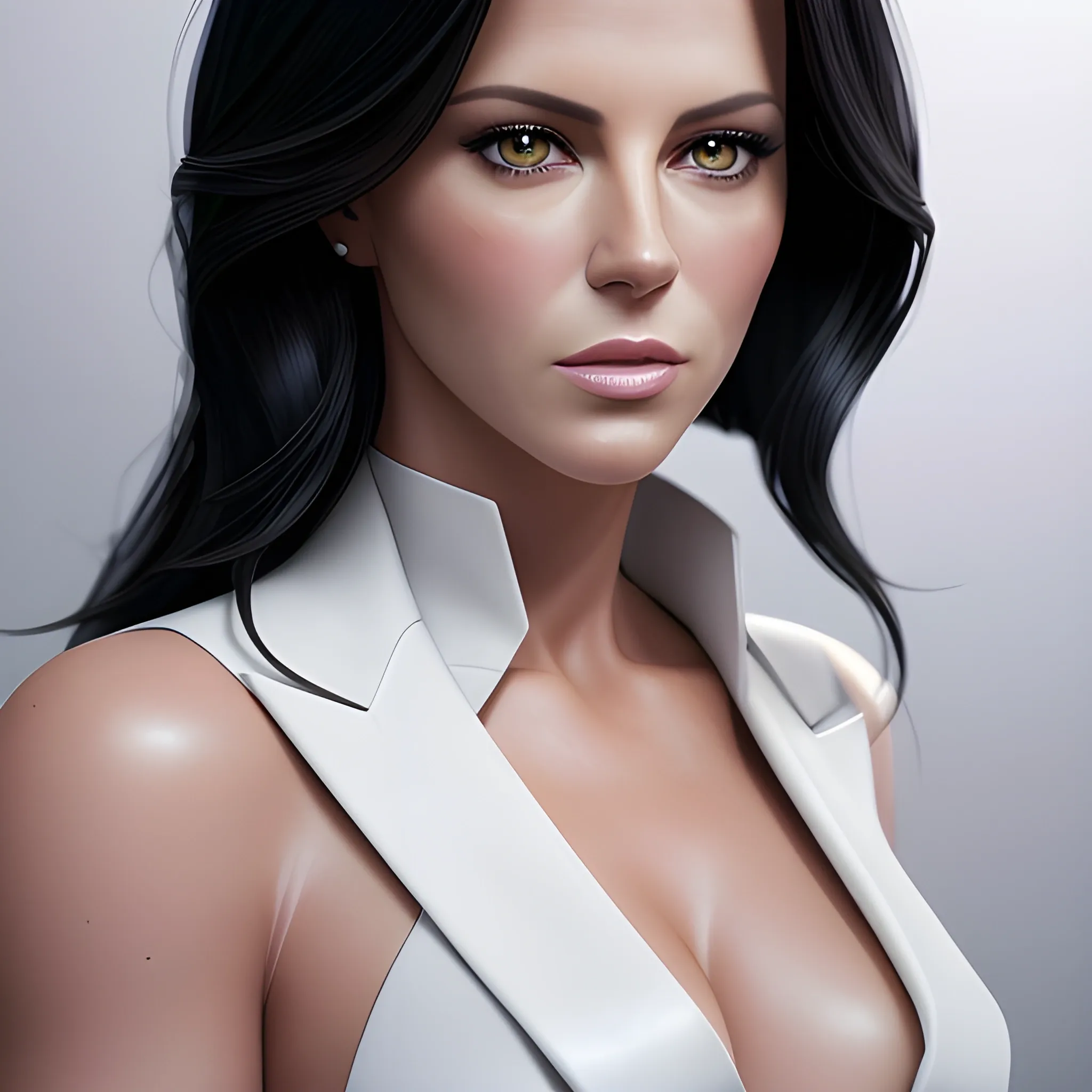 Full-length portrait photograph of a top model woman that brings together the most beautiful features of Kate Beckinsale and Katy Perry. A body. realistic details In lawyer clothes. Large eyes. Straight black hair. real photo Realism. deep details. Pearly eyes. Glowing look. High Definition. Spectacular lighting. 4K. Photo capture made with a Samsung S10 cell phone. Realism. high quality photo. many details Office style. super realistic, confident, bold, passionate, seductive, expressive, charismatic, intricate fashion clothing, highly detailed, sharp focus, illustration, 8K, art by artgerm and greg rutkowski and alphonse. realistic photo