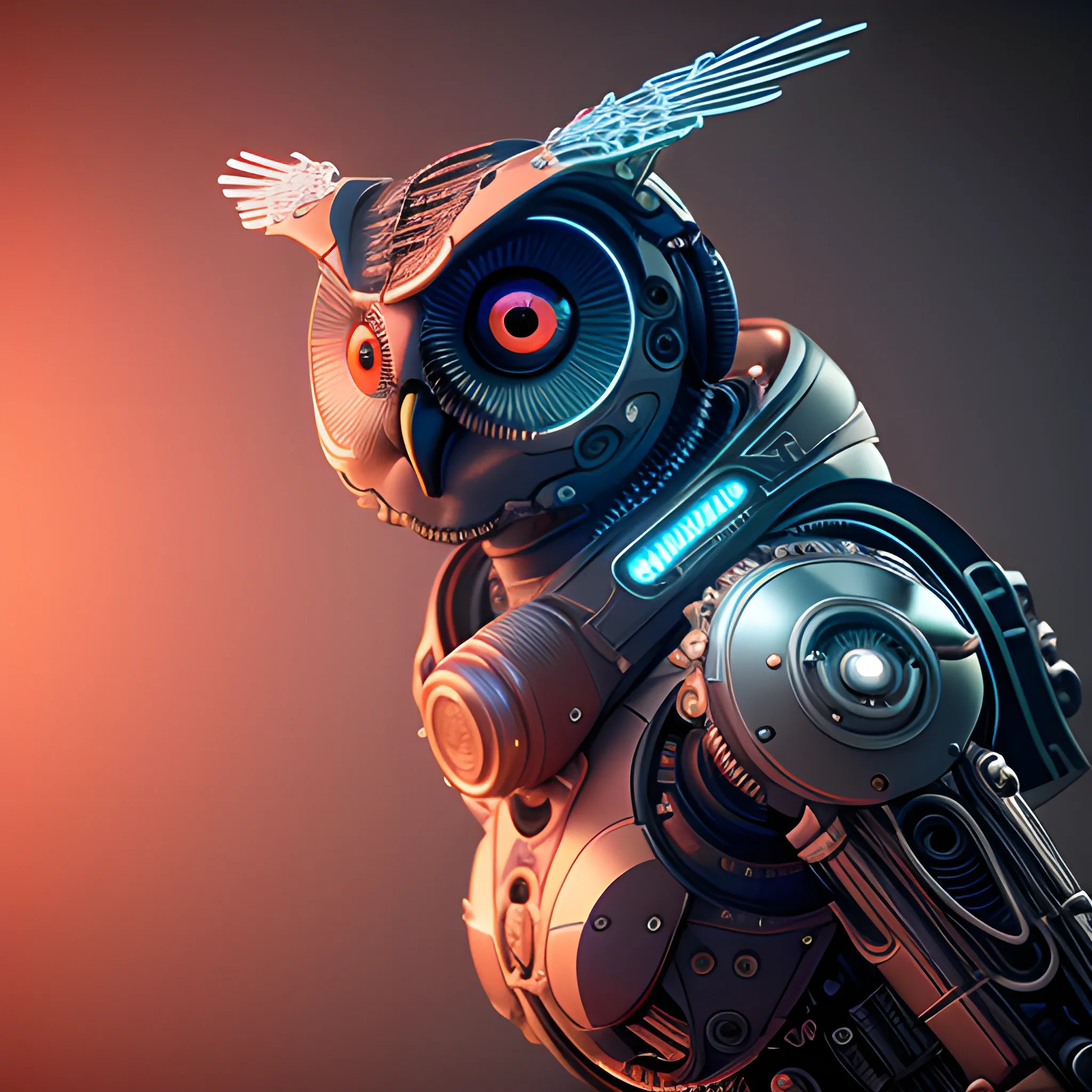 A complex 3D render of a cyborg owl in the night, wings spreaded, dead-center in frame, robotic parts, microchip, ultra detailed wires and cog wheels, lace, electric cables, in a cyberpunk city, furious expression, eyes glowing, breathing smoke, vibrant, esport, epic, celestial, moody, cinematic lighting, 150 mm, lens flare, highly detailed, sharp focus, octane render, HDRI, intense, dramatic, warm colors, fiery effect, professional, IMAX, dark studio, low key, high contrast, flawless detail, award-winning, expertly crafted, detailed pupils, colour grading, post-processed, rim light, hyperrealistic