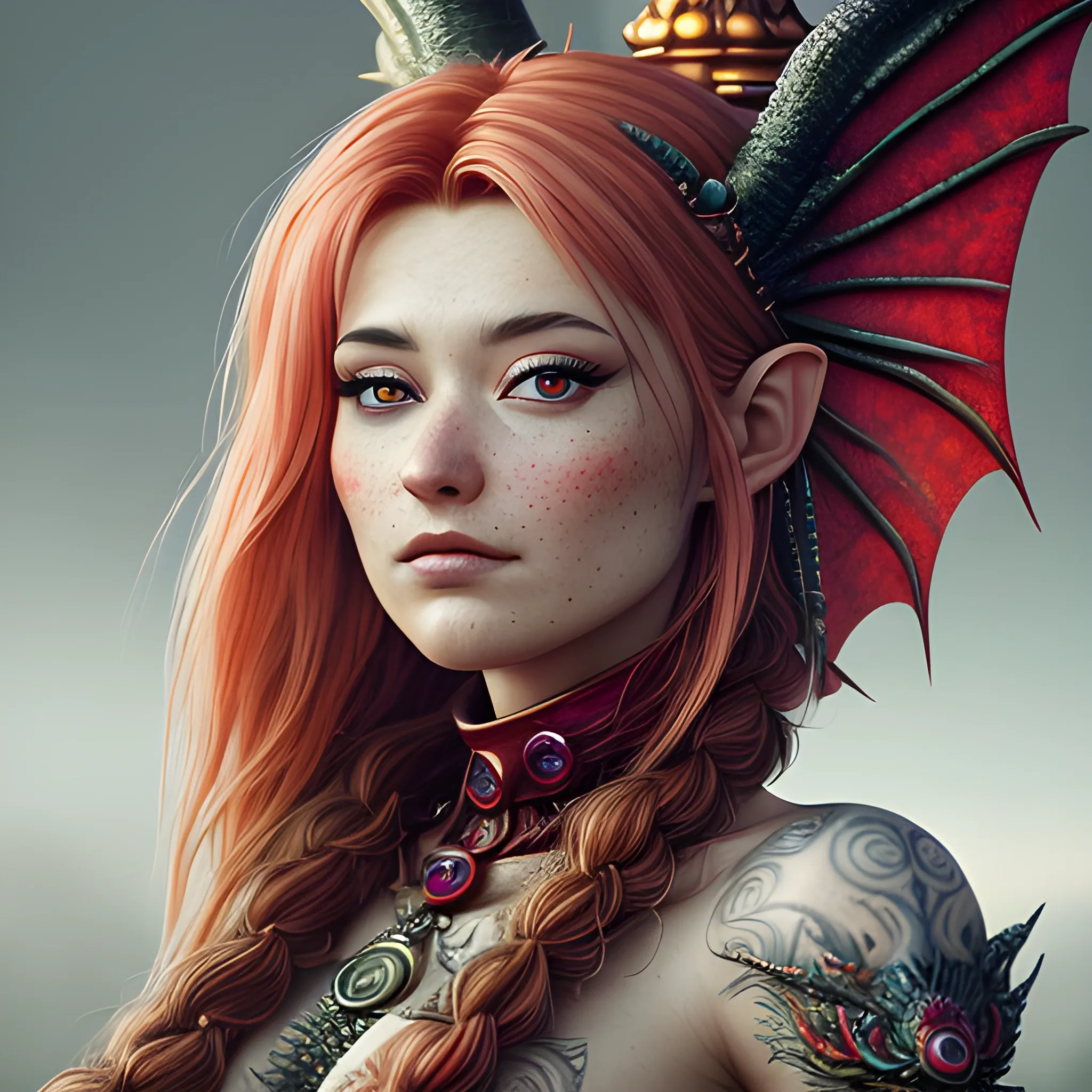 hyper realistic, ultra detailed full body photograph of a beautiful dragon woman, attractive ((Red ruby:1.25)), crimisson blood colored hair, tribal fashion, blue color dragon eyes, shiny scales on hands, 2 dragon wings on back,  elf ears, full body, mystical body tattoos, cover, Garments design has a harmonious dragon leather aesthetic, back looking over shoulder pose, sunlight fractal details, (Anna Steinbauer:1.5), low angle view, depth of field, HOF, hall of fame, detailed gorgeous face, apocalyptic environment, natural body posture, professional photographer, captured with professional DSLR camera, trending on Artstation, 64k, ultra detailed, ultra accurate detailed, bokeh lighting, surrealism, Thomas Kinkade background, urban, ultra unreal engine, ((Pauline Voß)), ((Pascal Quidault)), ((Anna Helme)), Martina Fackova, intricate, epic, freckles, peach fuzz, detailed mascara