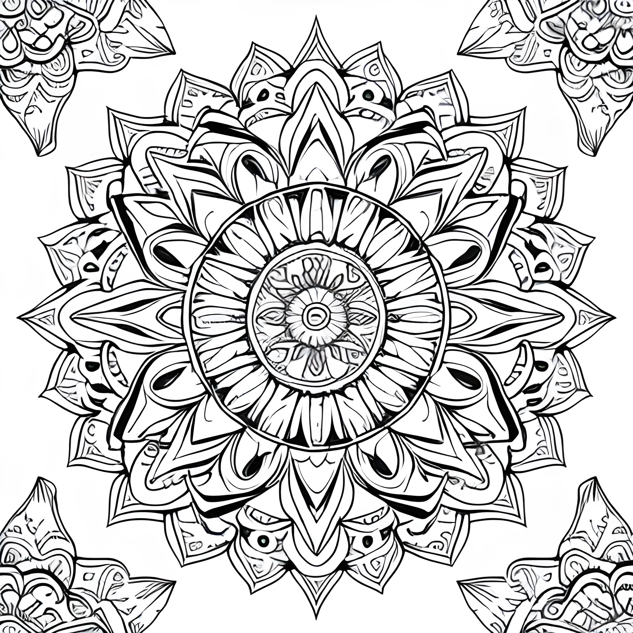 mandala white background, full body, picture, coloring book style on white background, well composed, clean coloring book page, No dither, no gradient, strong outline, No fill, No solids, vector illustration