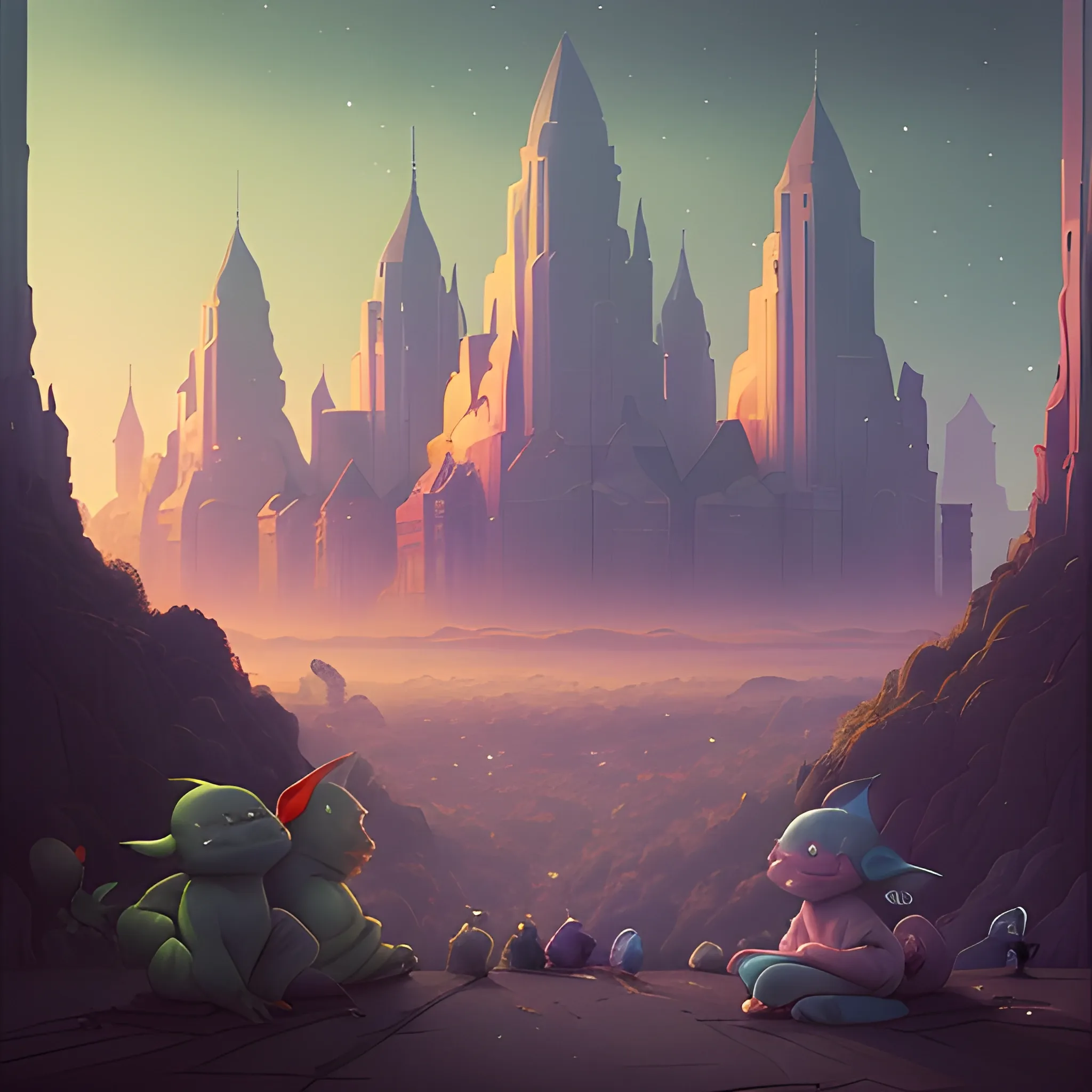 (((by Mary Arrigan and Loish))), a panorama wide shot photo of embarrassed goblins, at dawn during spring, (in the style of Fine Art and Memphis), (trending on Art on Instagram), (simple, unexpected, space punk), (multiracial, aesthetic, moody lighting, sfumato), (high quality), (detailed), (masterpiece), (best quality), (highres), (extremely detailed), (8k), (NSFW:0.5)