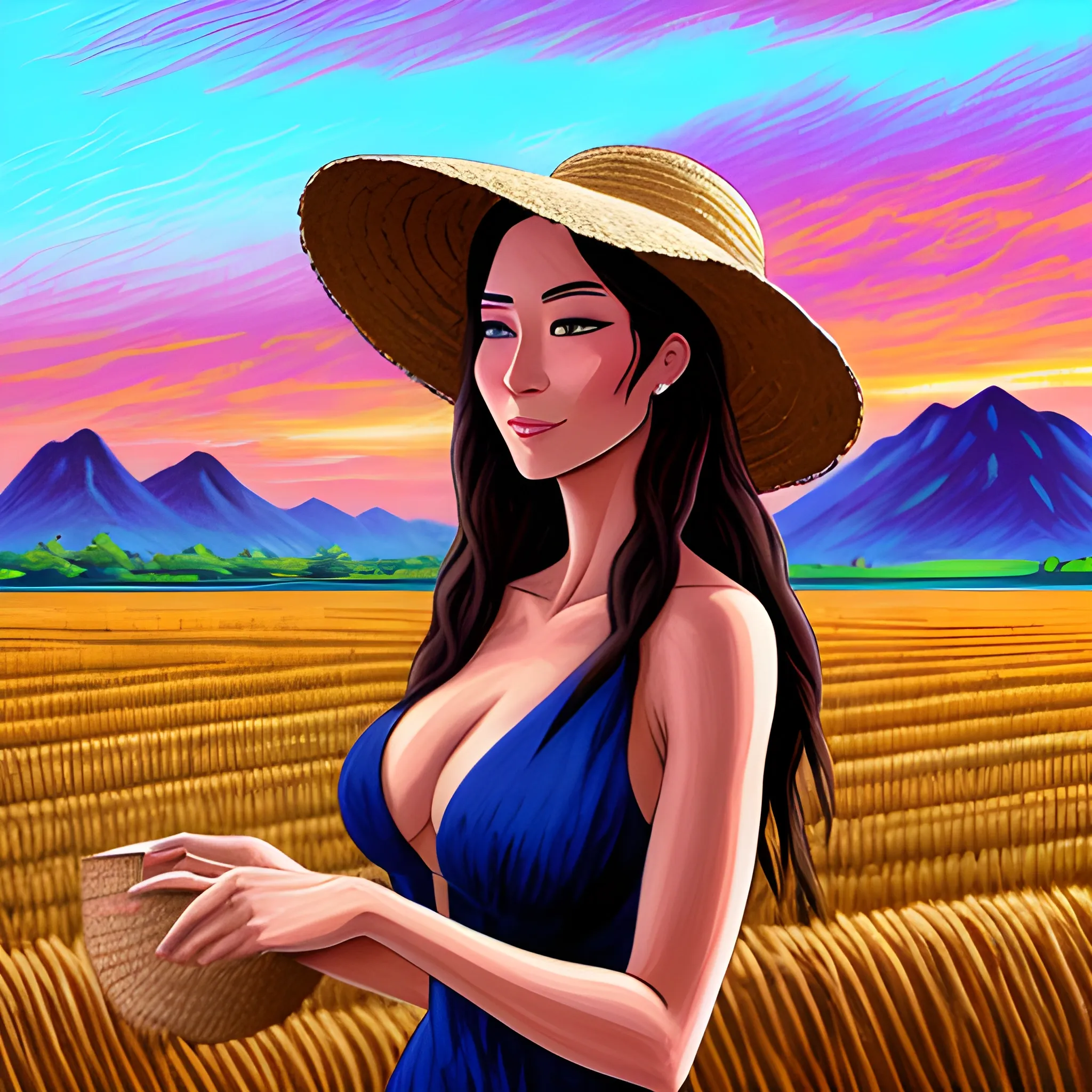 (((high detail))), best quality, 1girl,full frame, working in a rice field, straw hat,dark brown long flowing hair blowing in the wind, mountains in the far background, sunset,<lora:more_details:0.7>, Oil Paint, Pastel Art, Cartoon, Cartoon, Cartoon, Cartoon, Cartoon