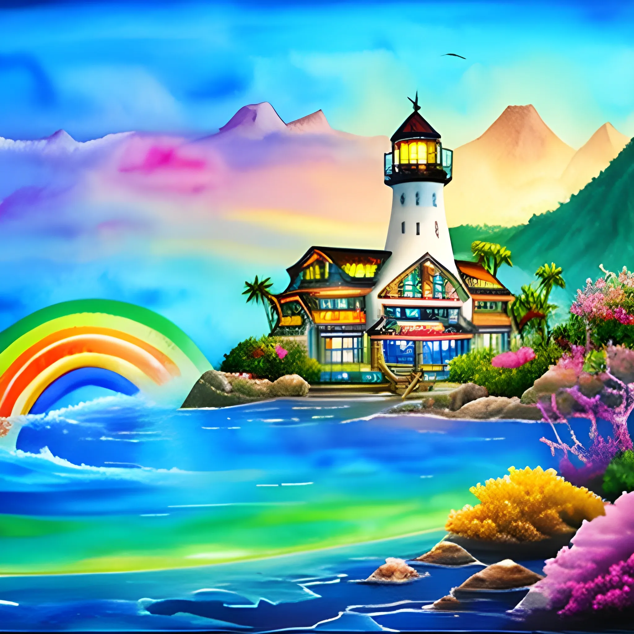 A small island shining in the summer osean center of the big osean, decorated with sea fish lights in a rainbow of colors.

 Trippy, Water Color, Oil Painting