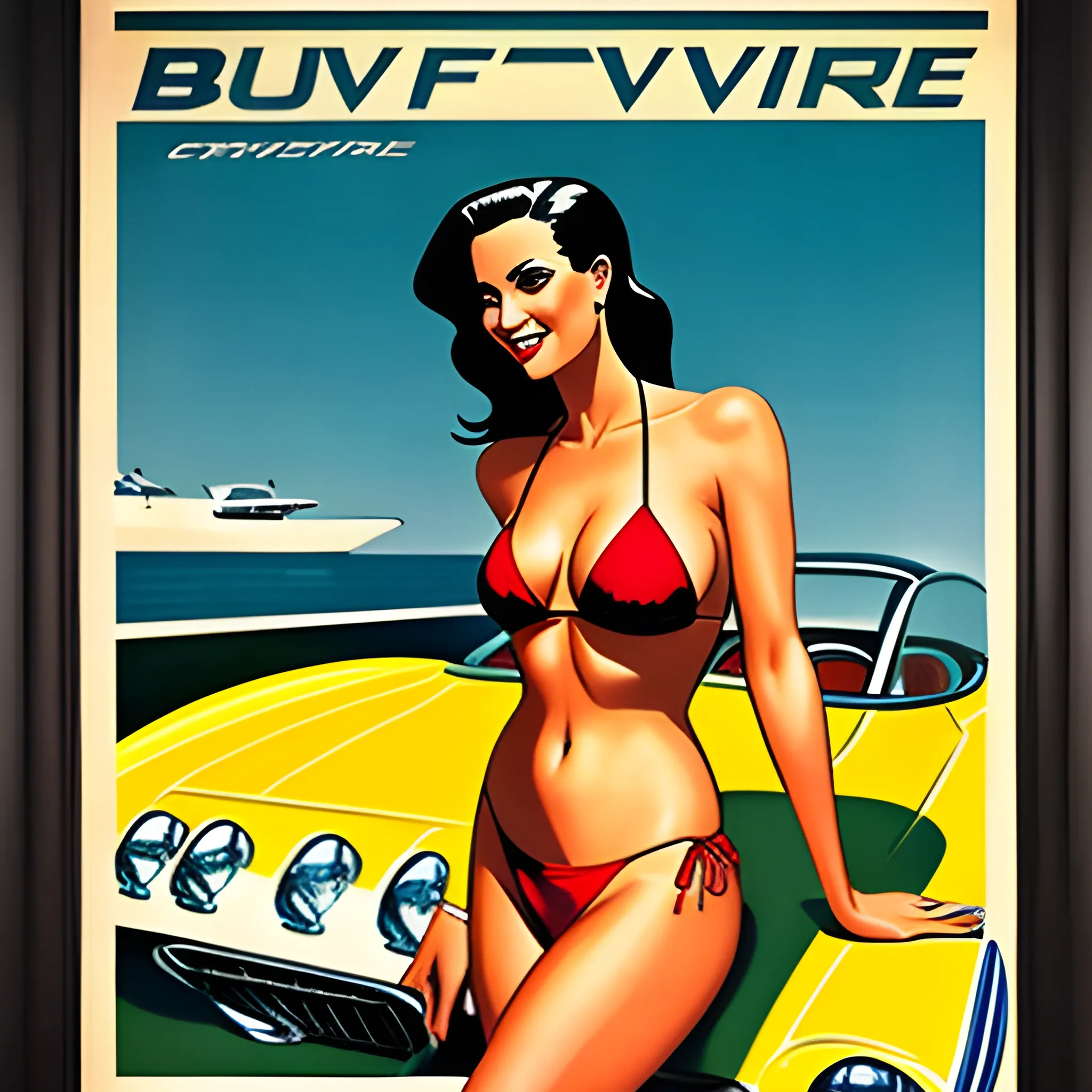 Bikini girl washing vintage corvette travel poster Arthub.ai