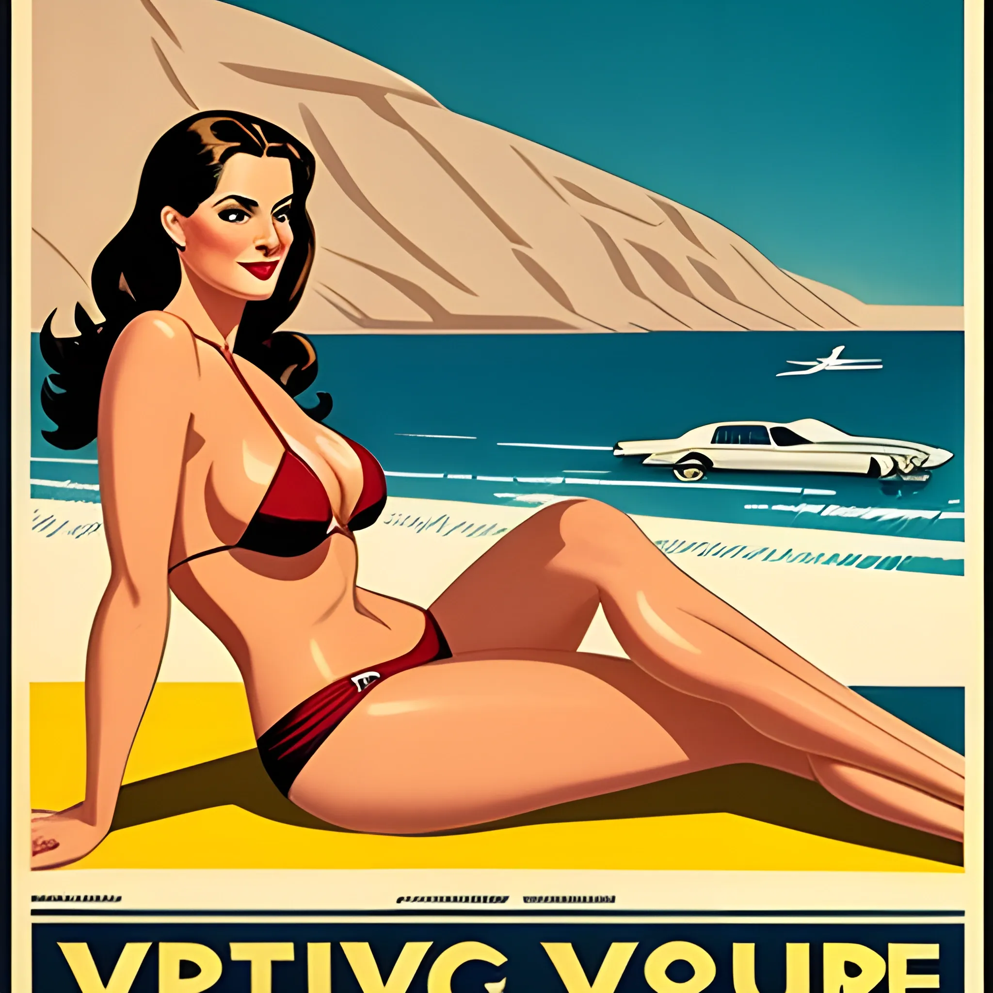 Bikini girl washing vintage corvette travel poster