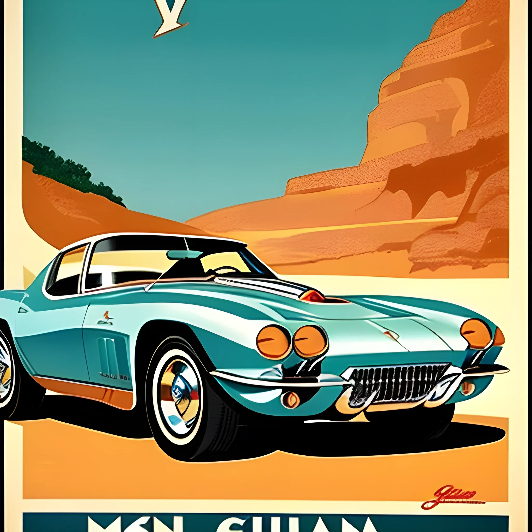 Bikini girl washing vintage corvette travel poster