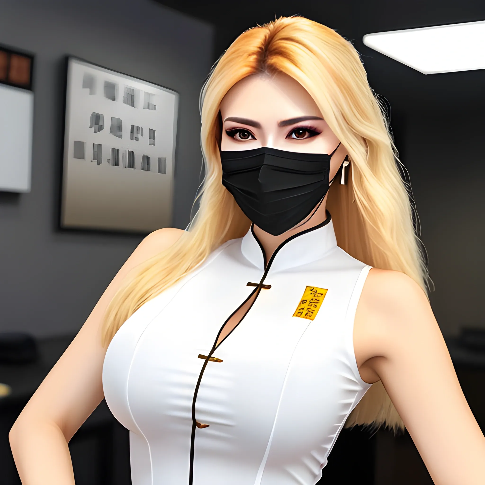 good hand, 4k, best quality, chinese, in the workplace, wearing face mask, business outfit, sweaty, sharp focus, soft lighting, skinny, enormous breasts, 1girl, jewelry, earrings, long hair, blond hair, extremely messy hair