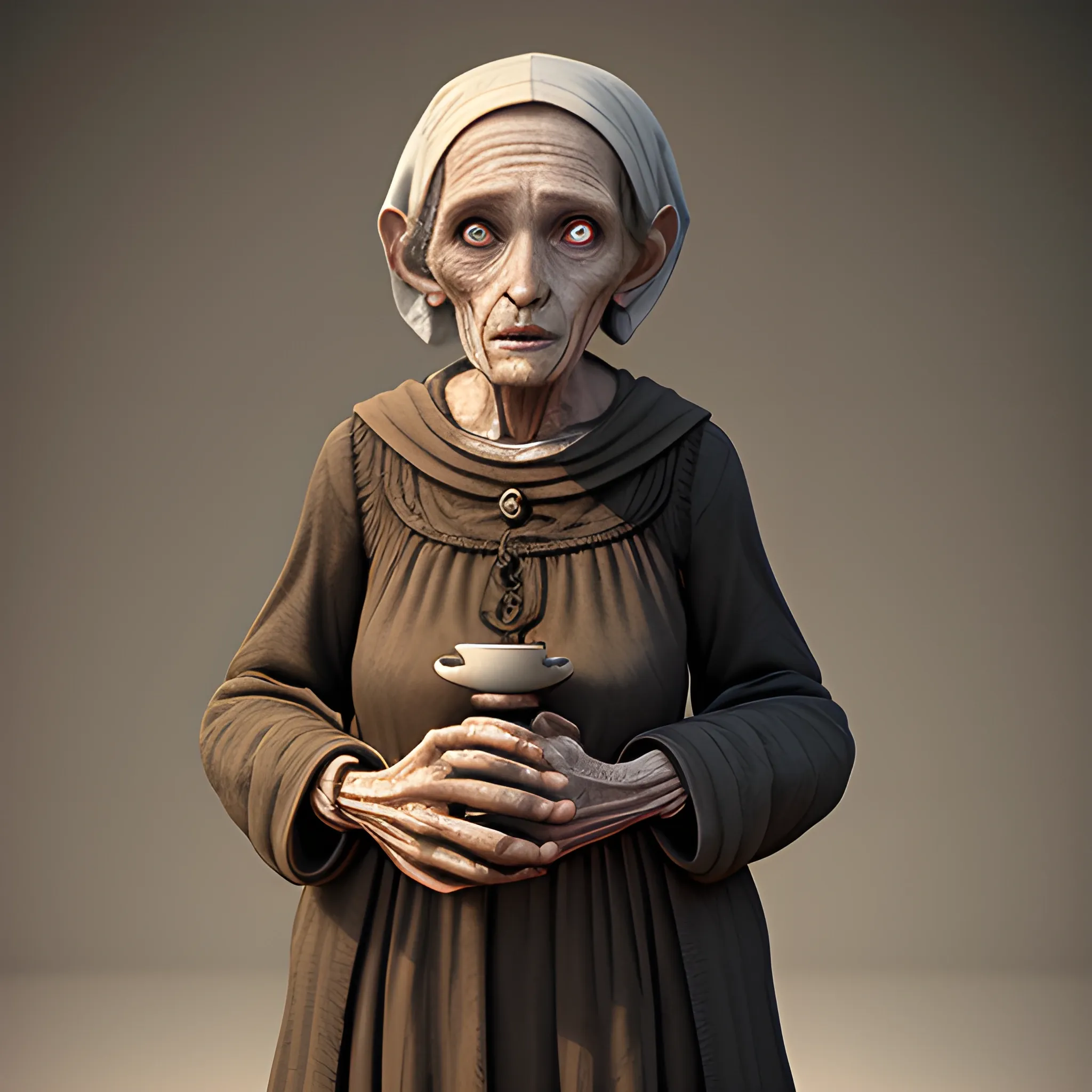 poor old woman, beggar, very old woman, very skinny woman with only one eye,  full body view, high fantasy, mouth, one eye, nose, legs, waist, breast, 8k, high resolution, detailed, 