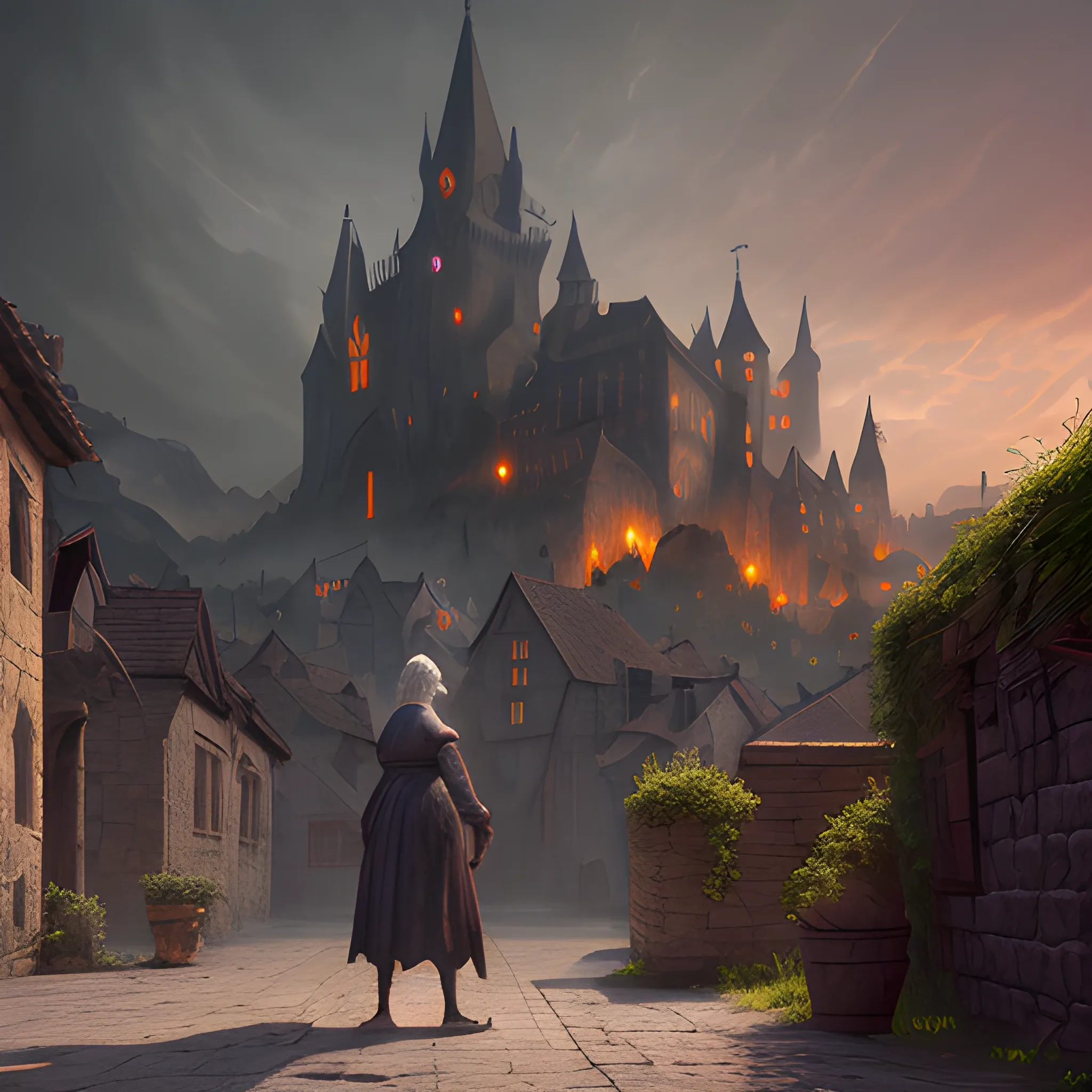 scary woman, poor old woman, beggar, very old woman, very skinny woman with only one eye, without one eyes, full body view, ghost, devil, high fantasy, mouth, one eye, She is in medieval village, medieval village in the background 8k, 8k, high resolution, detailed, detailed matte painting, deep color, fantastical, intricate detail, splash screen, complementary colors, fantasy concept art, 8k resolution trending on Artstation Unreal Engine 5