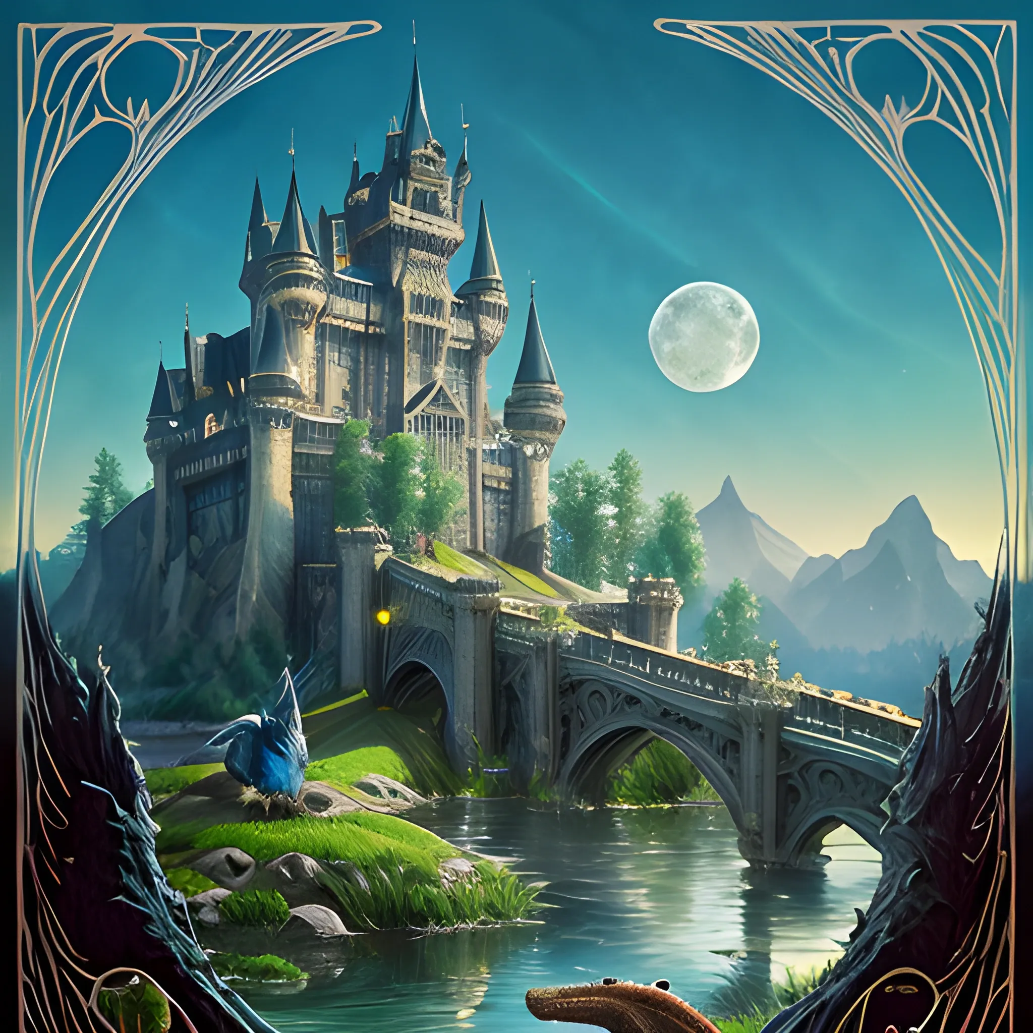 beautiful matte art of a big castle in a serene landscape, a knight riding a dragon,two moon, by albert bierstadt, green grass, highly detailed, crystal lighting, mystical, forest, hyperrealistic, 4 k, unreal engine, magical, by joe fenton, by greg rutkowski, by greg tocchini, by kaws, by kate beaton, , Trippy, Water Color, 3D