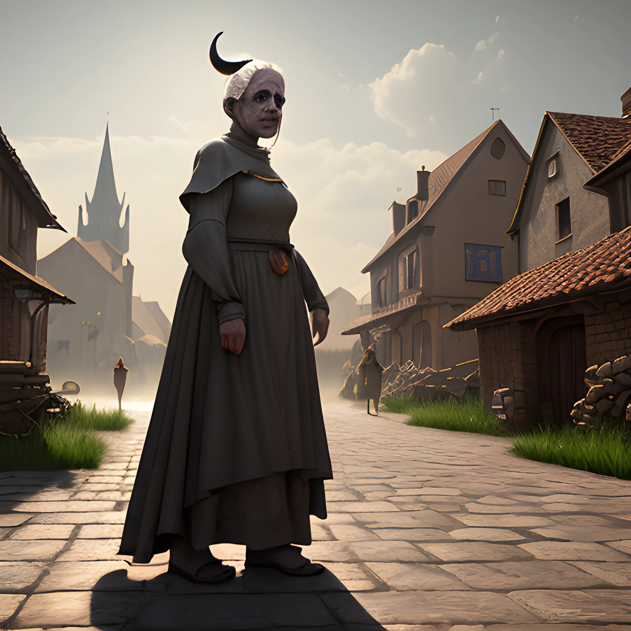 scary woman, poor old woman, beggar, very old woman, very skinny woman with only one eye, without one eyes, full body view, ghost, devil, high fantasy, mouth, one eye, She is in medieval village, medieval village in the background 8k, 8k, high resolution, detailed, detailed matte painting, deep color, fantastical, intricate detail, splash screen, complementary colors, fantasy concept art, 8k resolution trending on Artstation Unreal Engine 5