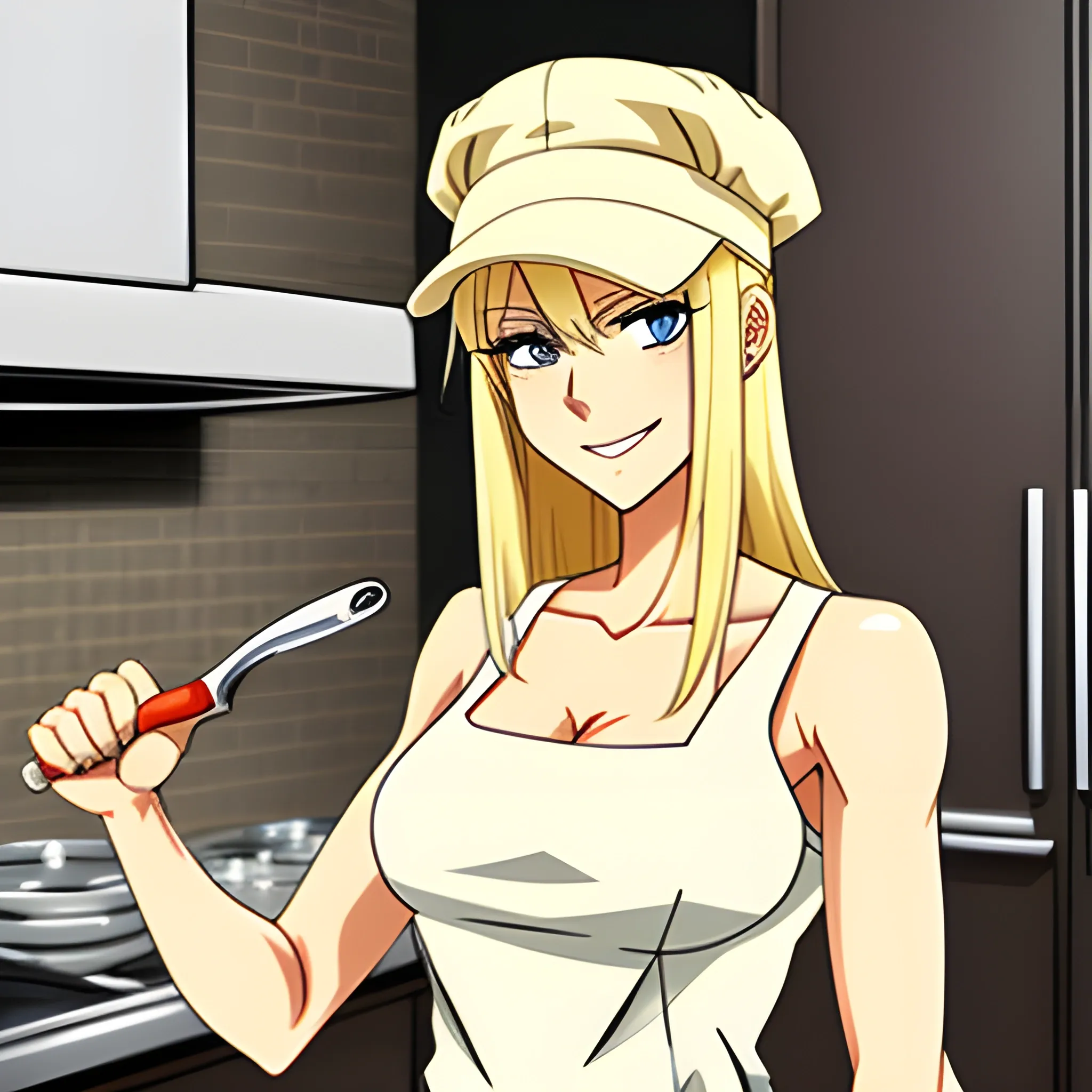 a cute blonde girl holding a spanner, working in a kitchen, wearing a cap hat, in Japanese anime style, with good features and proportionate, Cartoon