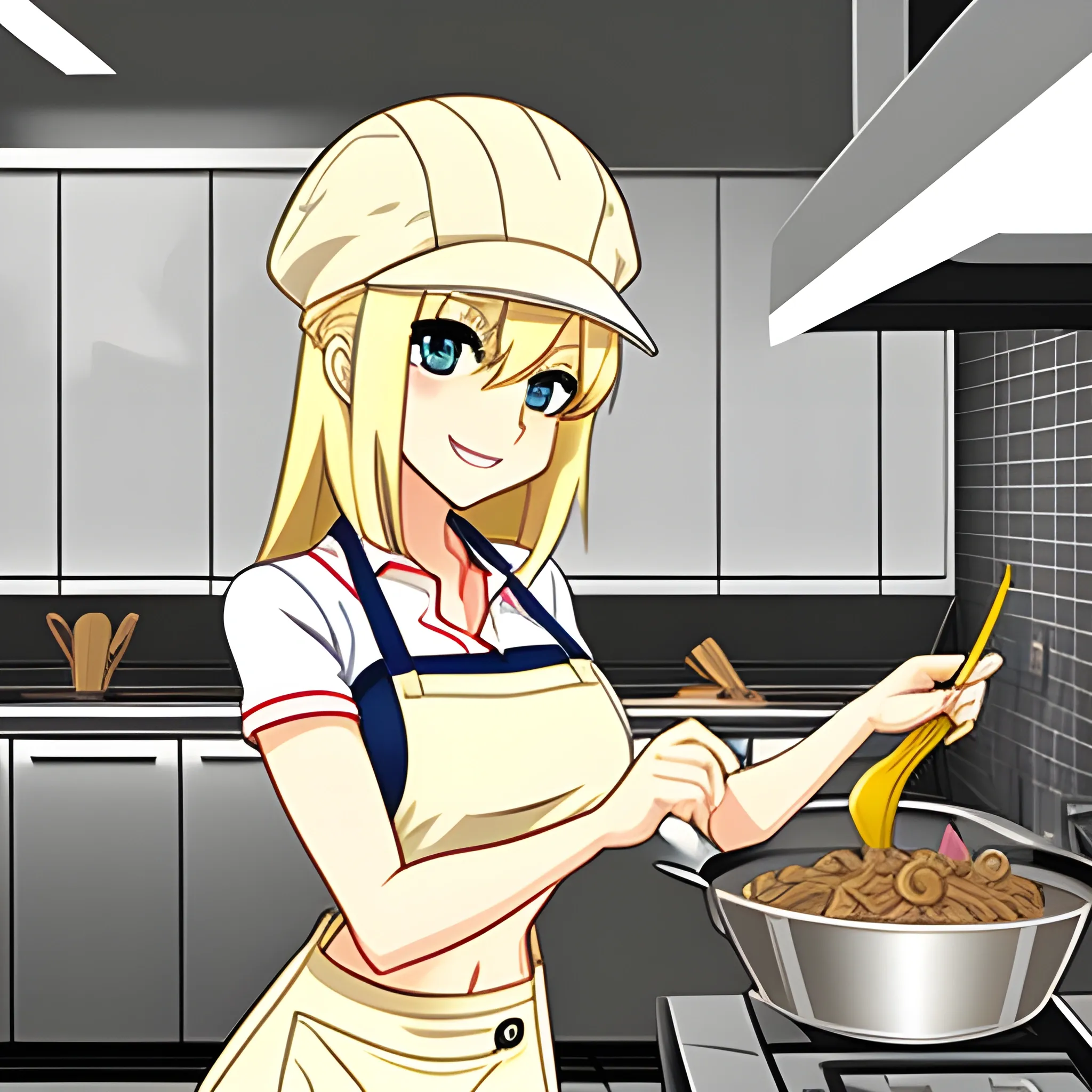 a cute chibi blonde girl holding a spanner, working in a kitchen, wearing a cap hat, in Japanese anime style, with good features and proportionate, Cartoon